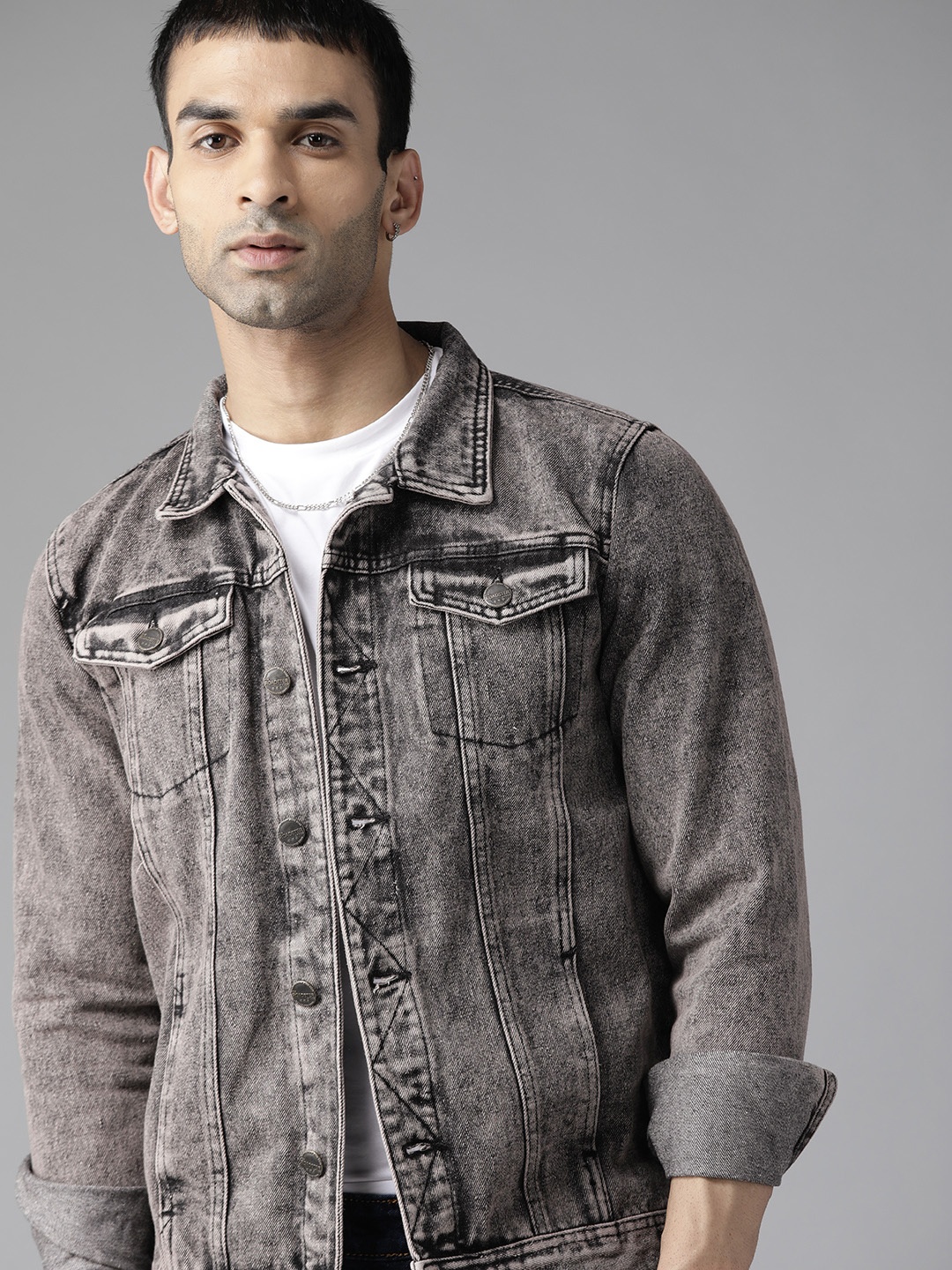 

The Roadster Lifestyle Co Men Charcoal Grey Washed Denim Jacket