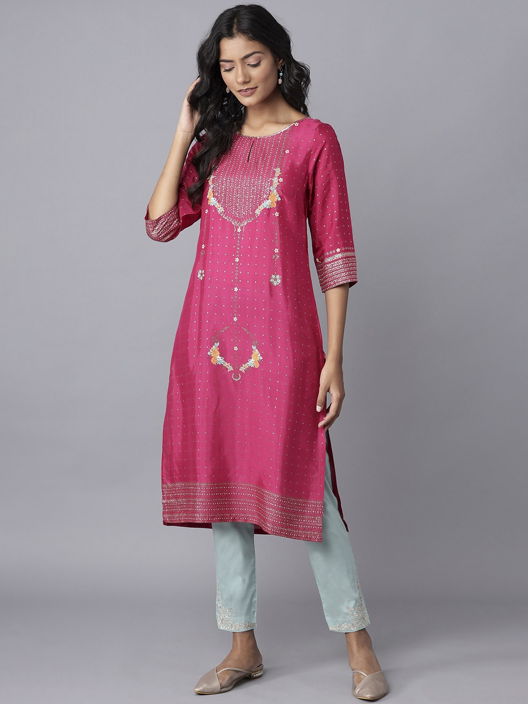 

W Women Pink Ethnic Motifs Printed Keyhole Neck Kurta