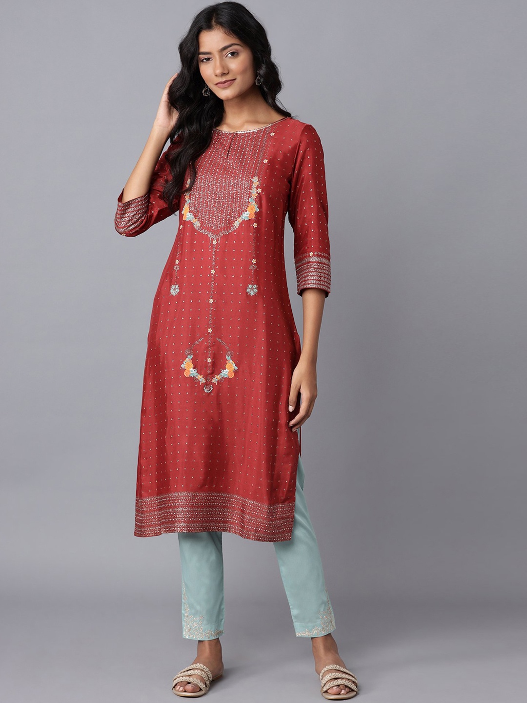 

W Women Red Ethnic Motifs Yoke Design Straight Kurta with Thread Work Detail