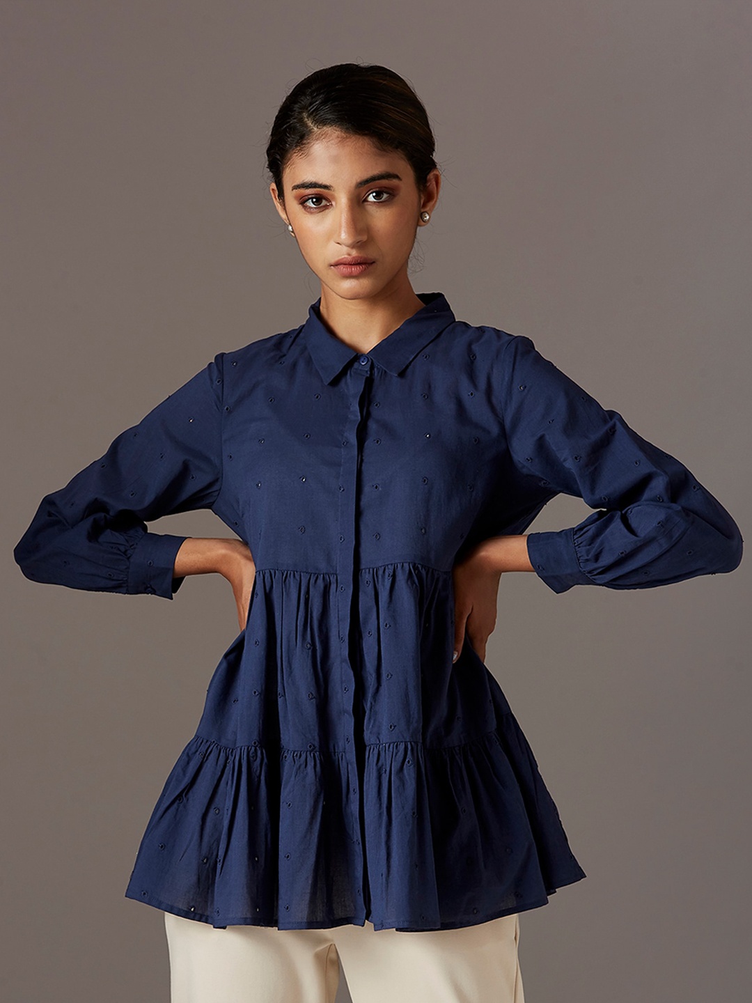 

W Women Blue Self Design Shirt Style Top