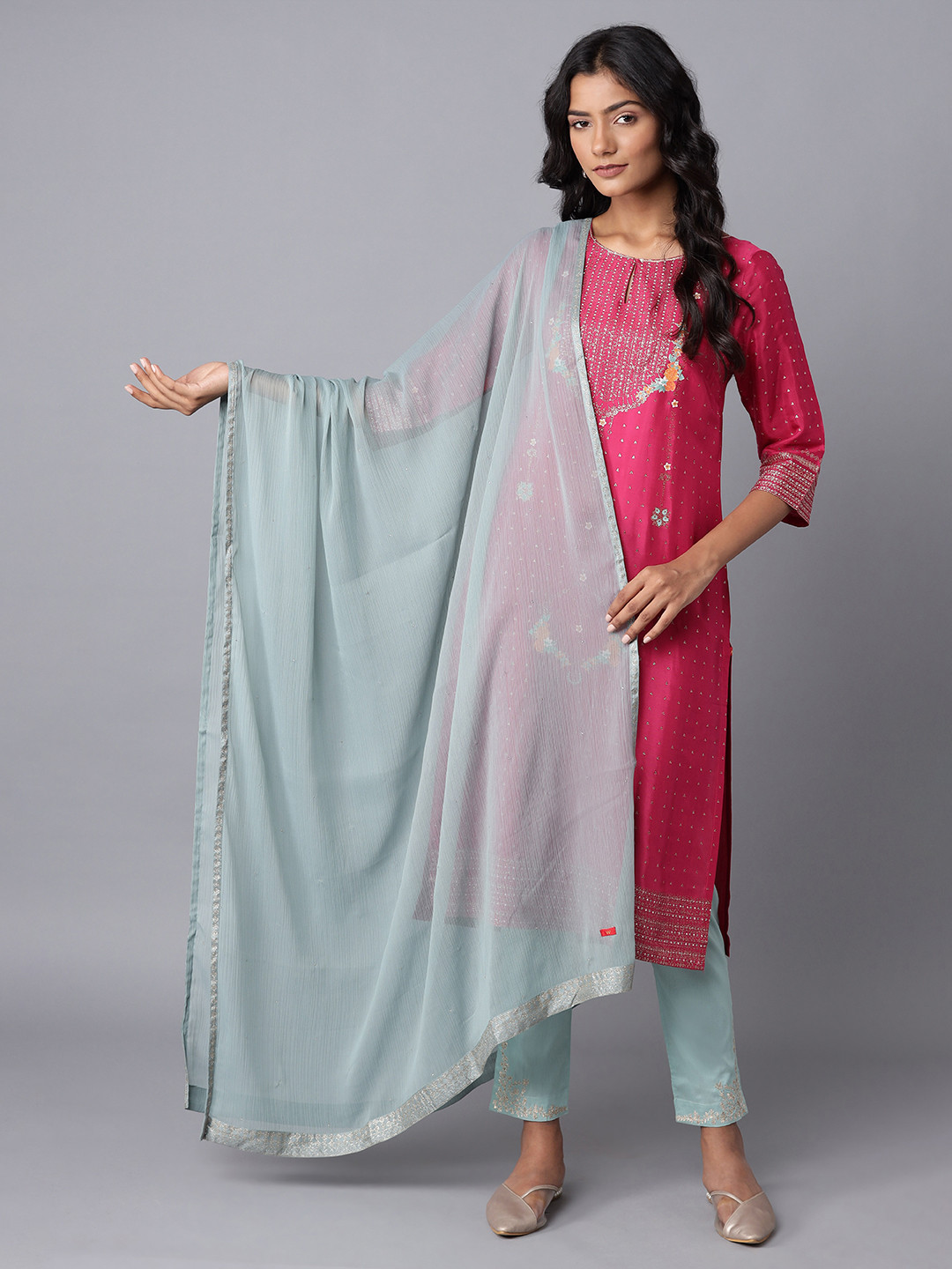 

W Women Blue & Silver Solid Mukaish Dupatta