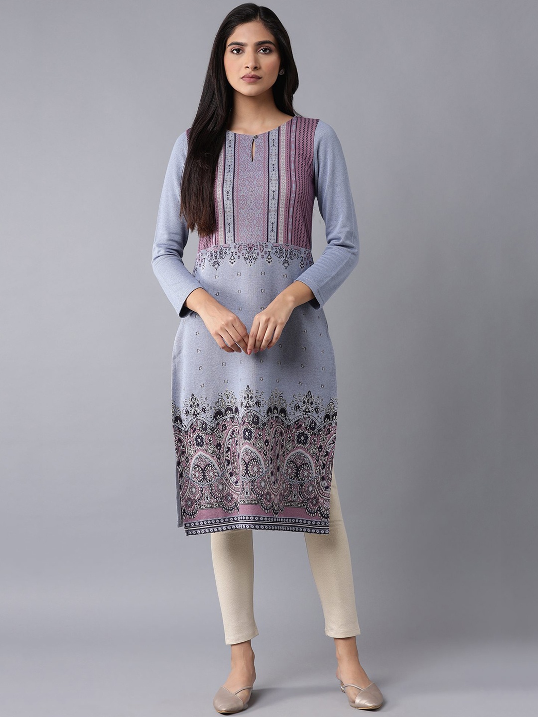 

W Women Blue & Pink Ethnic Motifs Keyhole Neck Thread Work Acrylic Kurta