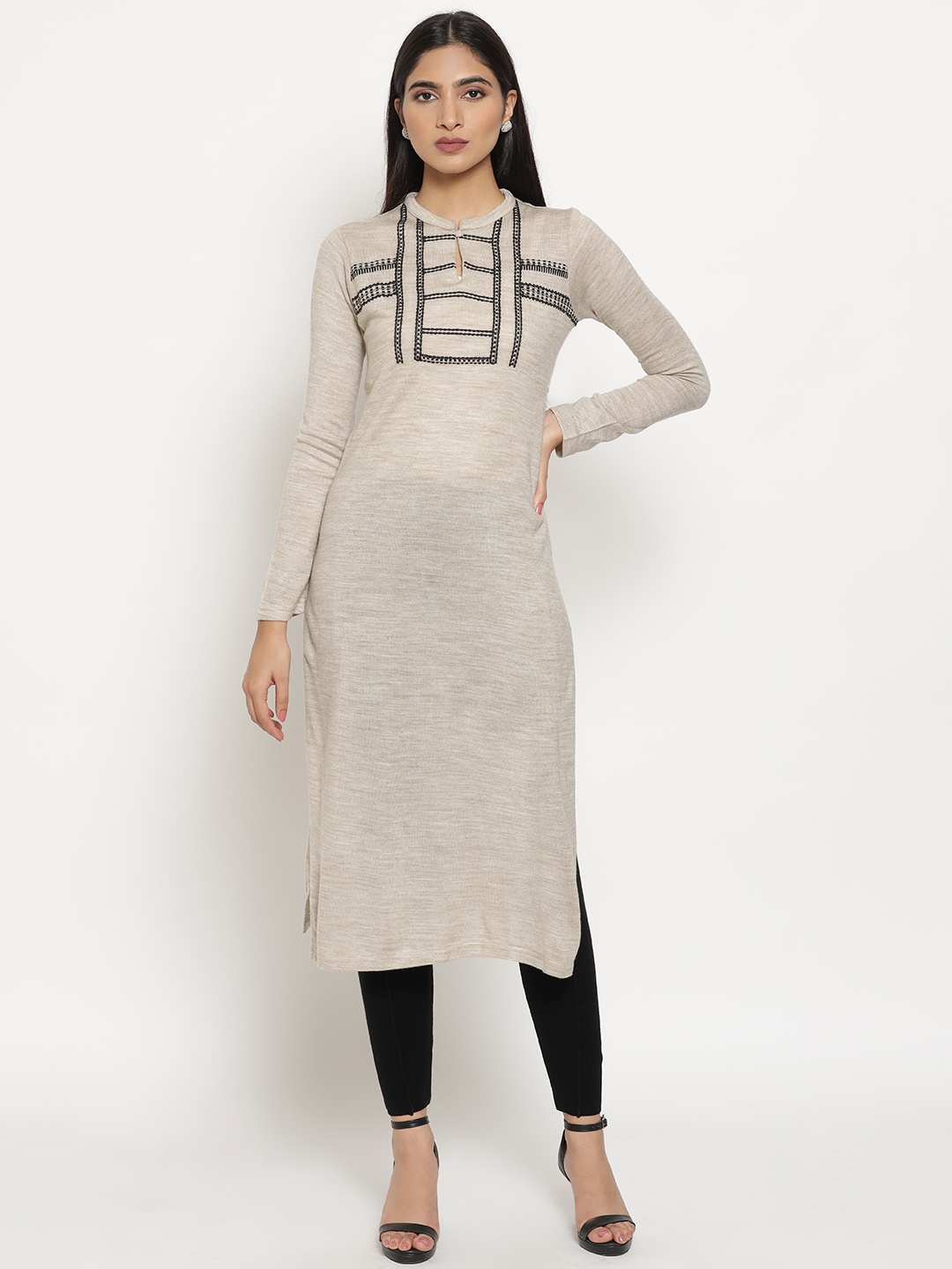 

W Women Beige Striped Thread Work Kurta