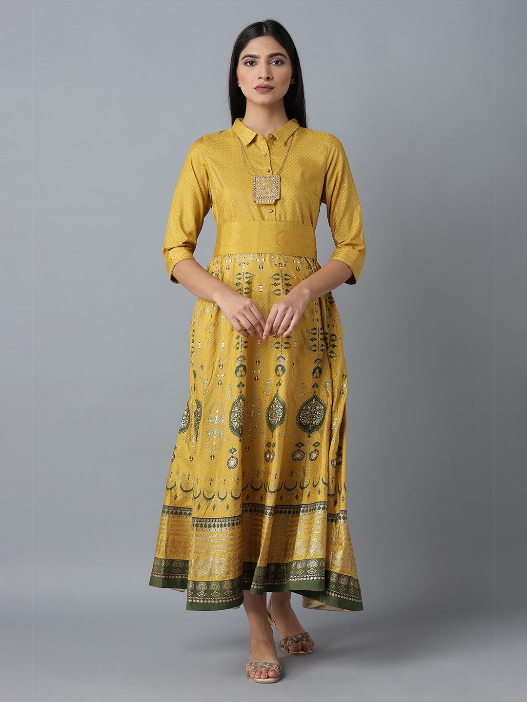 

W Mustard Yellow Ethnic Motifs Printed Maxi Dress