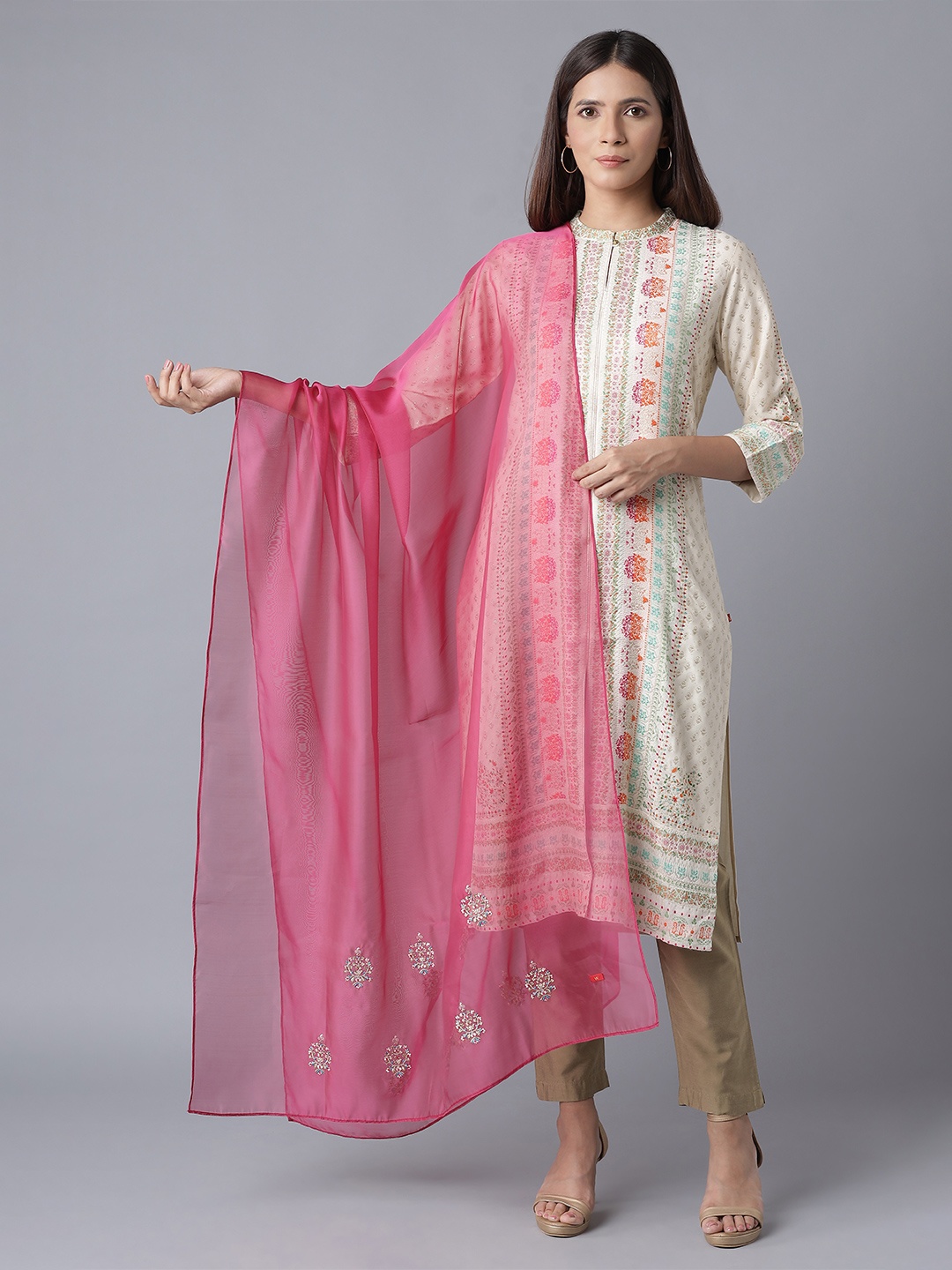 

W Pink Ethnic Motifs Embroidered Organza Dupatta