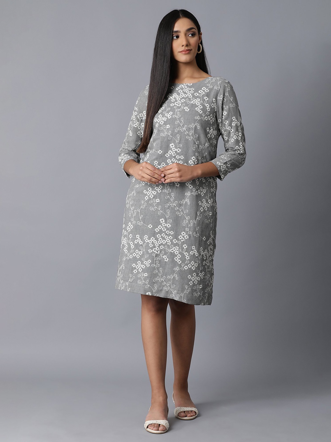 

W Black Pure Cotton Floral A-Line Dress