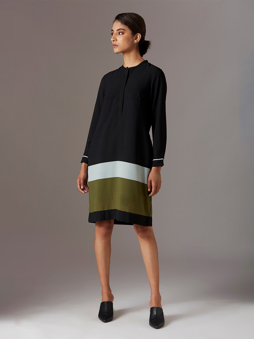 

W Black & Olive Green Colourblocked A-Line Dress