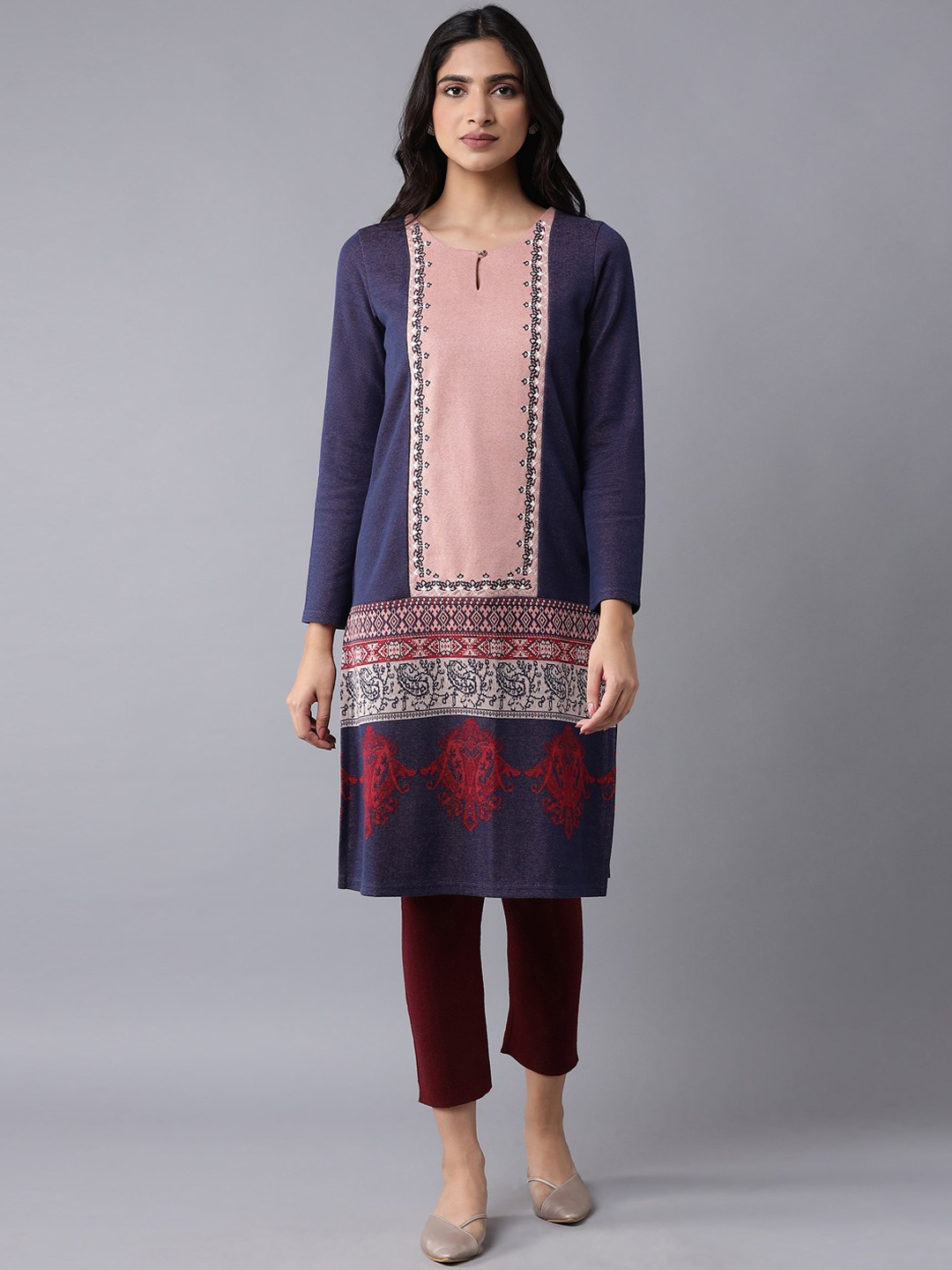 

W Women Blue Printed Keyhole Neck Kurta