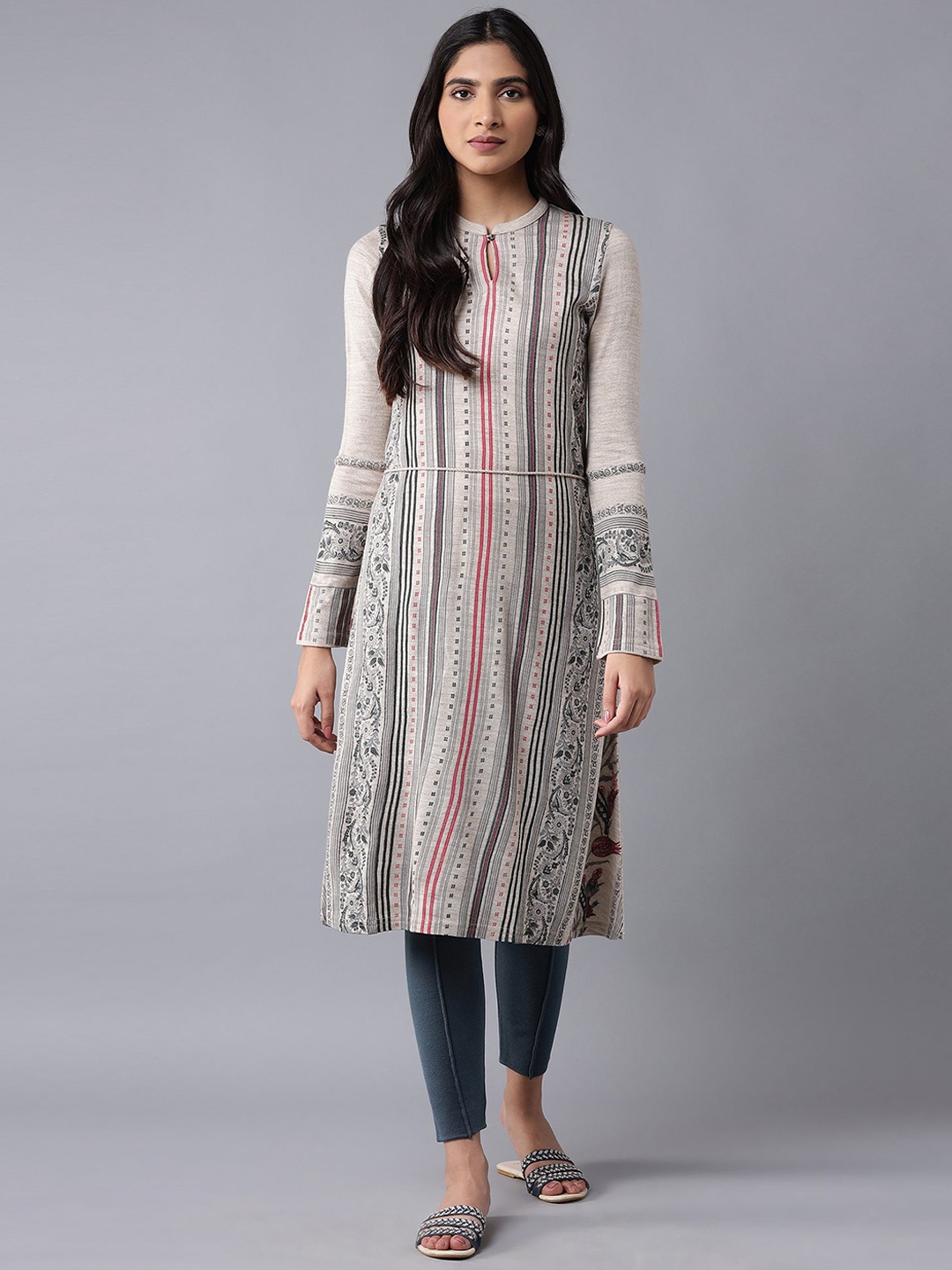 

W Women Beige Printed Keyhole Neck Kurta