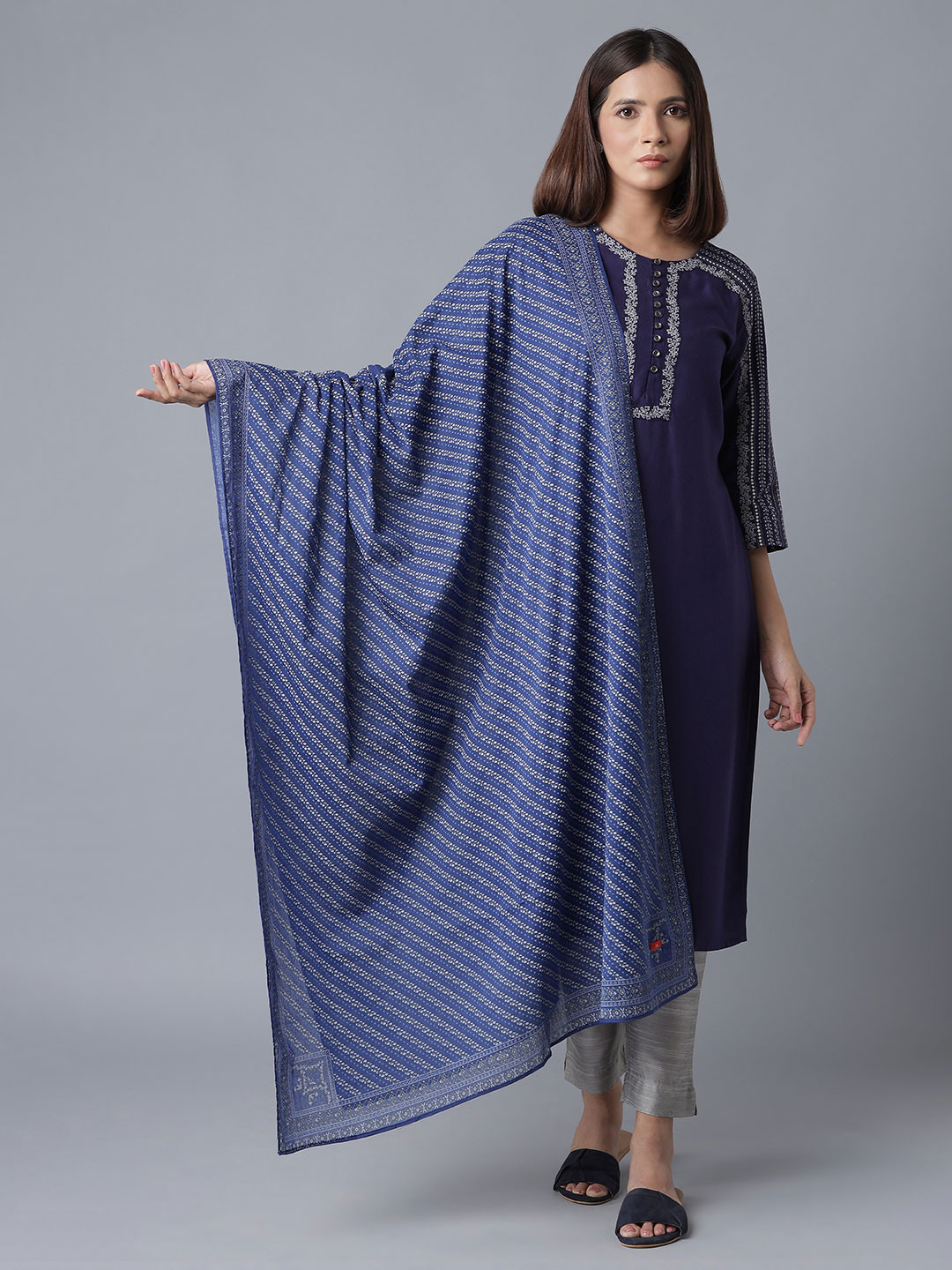 

W Women Blue & Grey Floral Printed Pure Cotton Dupatta