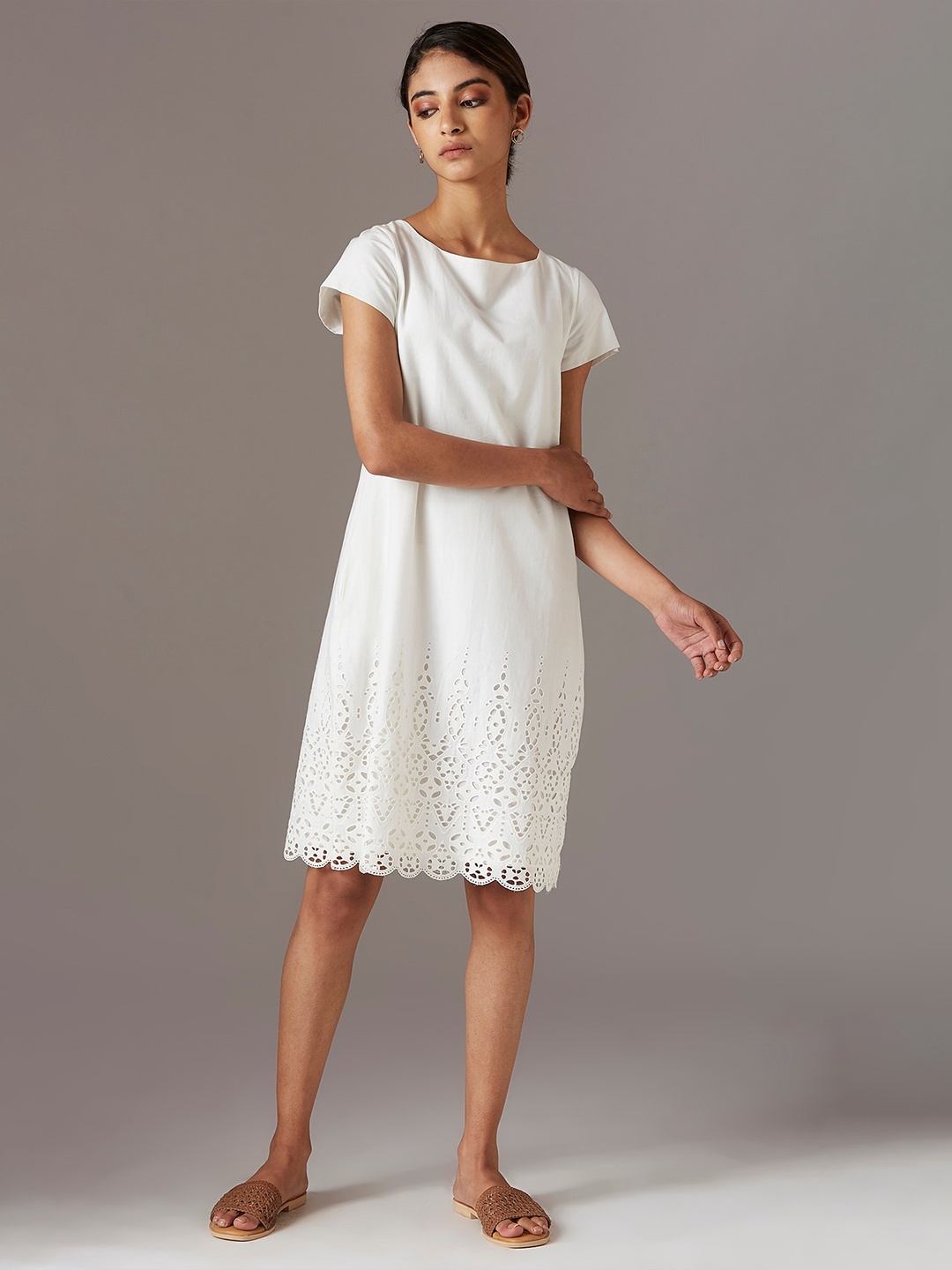 

W Women White Ecru Schiffli Border Sheath Dress