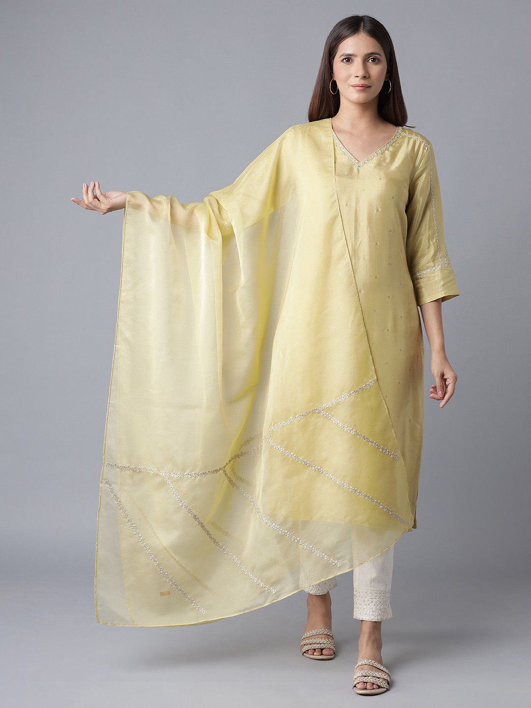 

W Women Green & White Ethnic Motifs Embroidered Dupatta