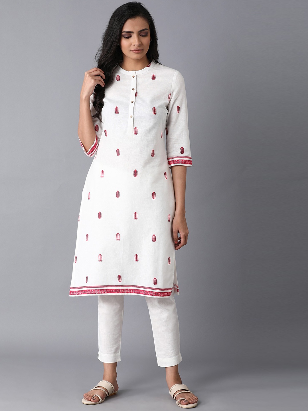 

W Women White & Pink Printed Kurta