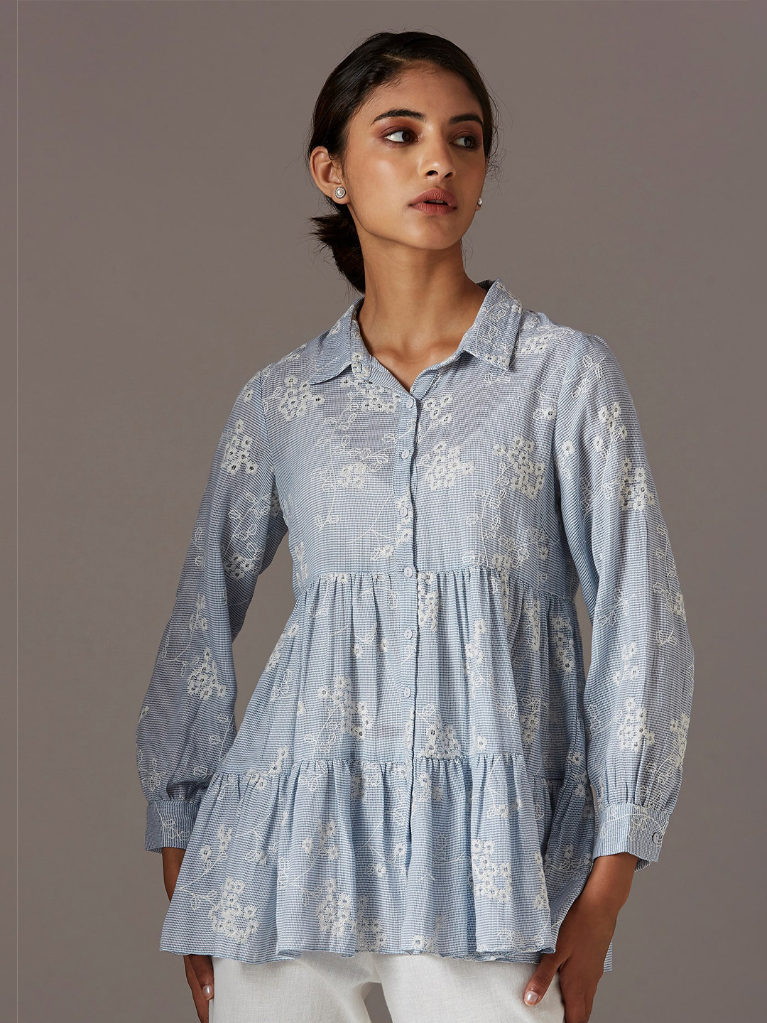 

W Blue & Off White Floral Embroidered Shirt Style Top