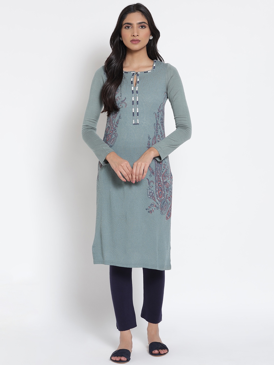 

W Women Grey & Blue Floral Printed Keyhole Neck Kurta