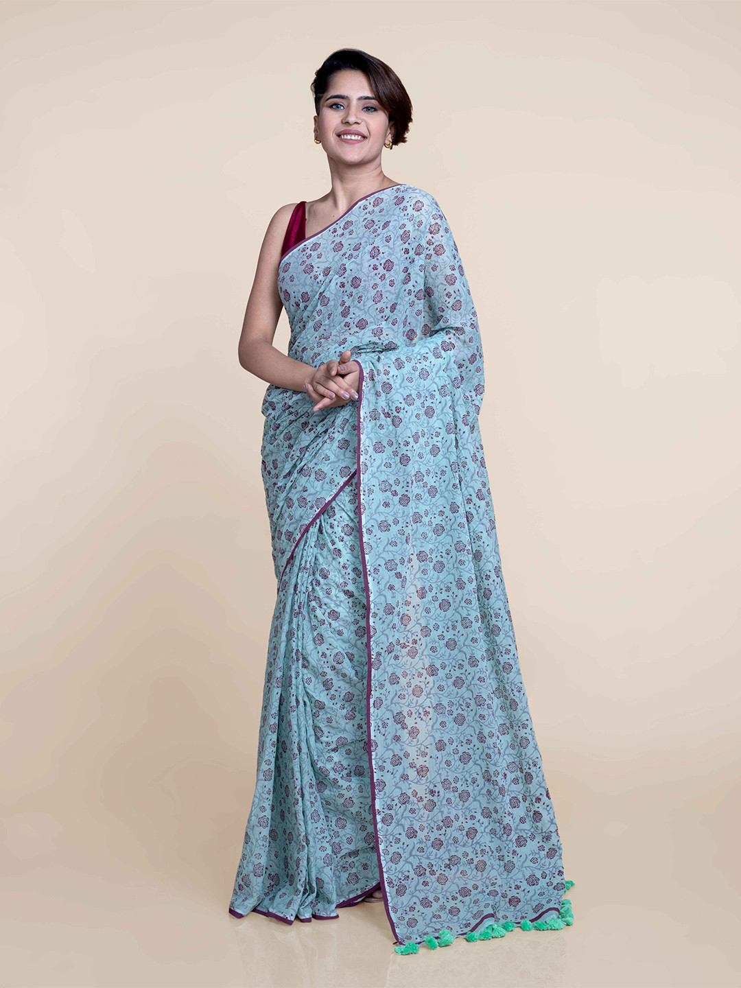 

Suta Women Mint Green Hand Block Printed Cotton Saree