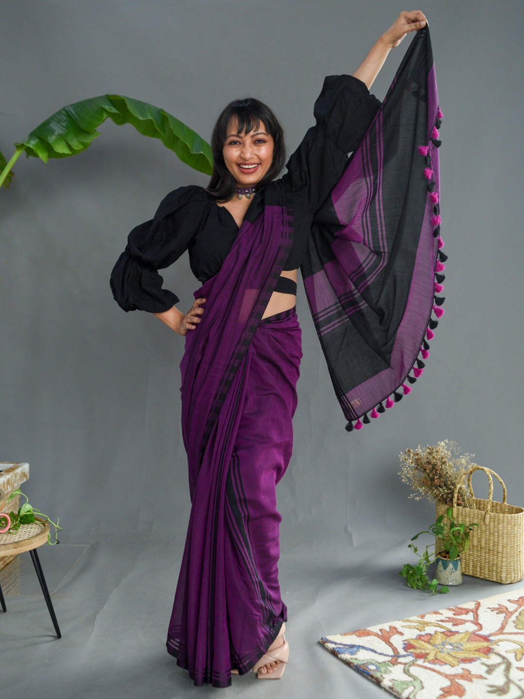 

Suta Women Purple & Black Cotton Modal Saree