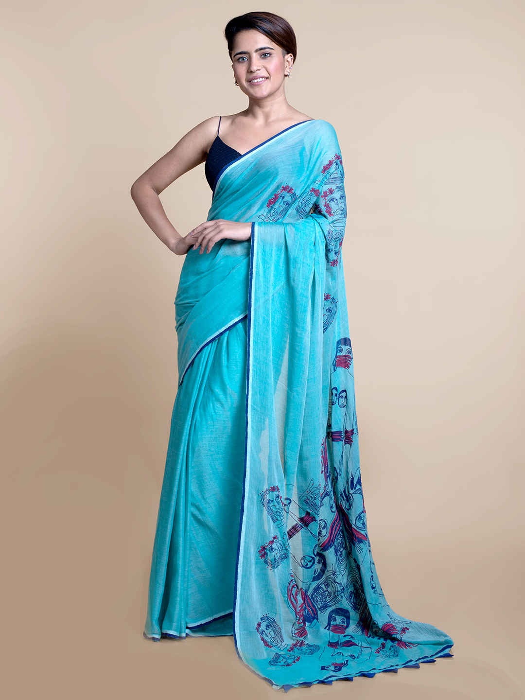 

Suta Women Sky Blue Screen Printed Pure Cotton Saree
