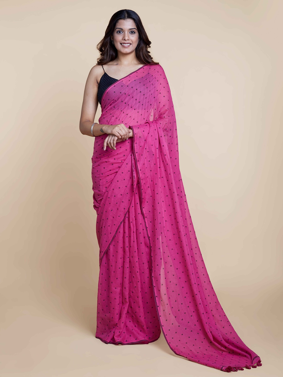 

Suta Pink Black Polka Dots Printed Pure Cotton Saree