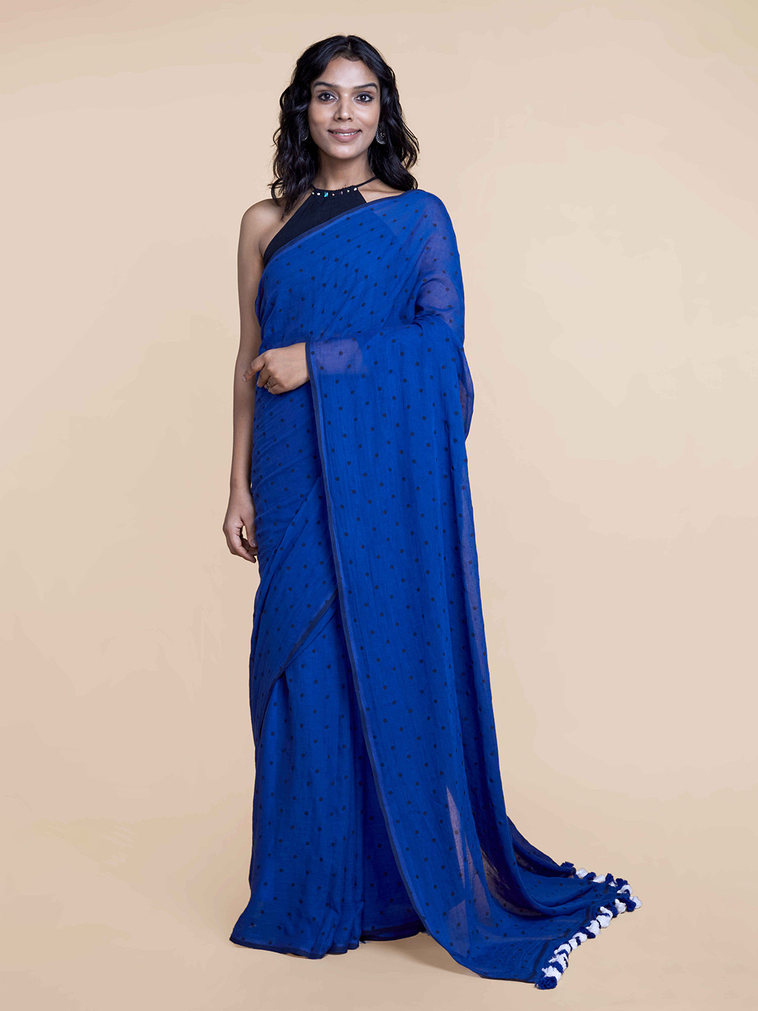 

Suta Blue & Black Polka Dots Printed Pure Cotton Saree