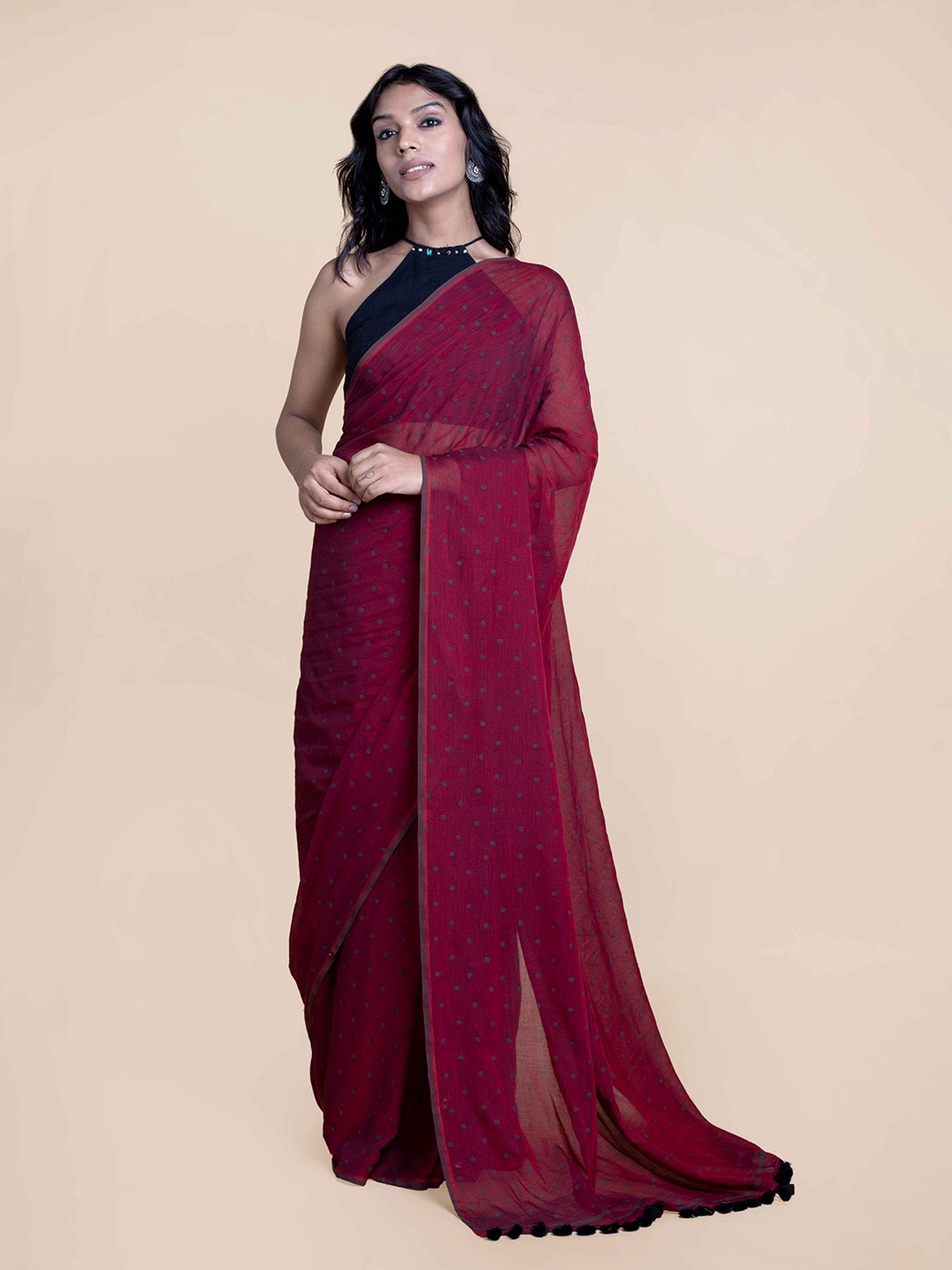 

Suta Maroon with Black polka Dots Printed Pure Cotton Saree