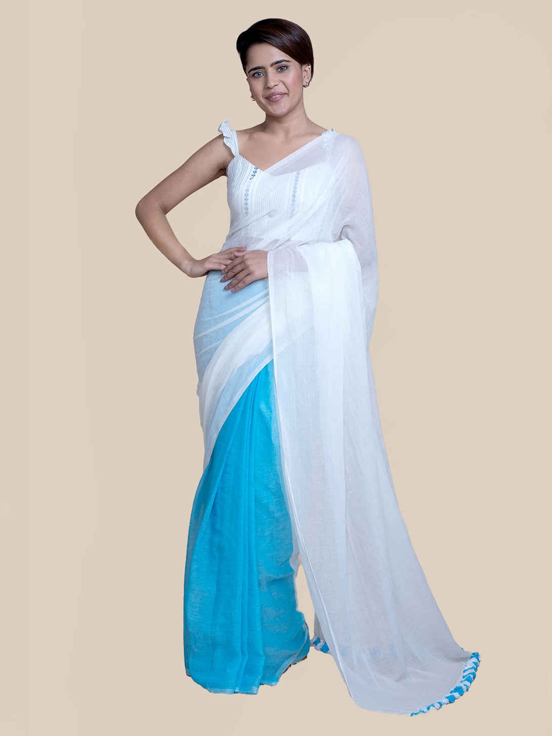 

Suta White & Sky Blue Pure Cotton Saree