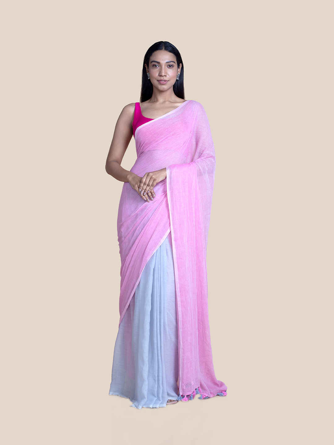 

Suta Women Pink & Grey Mul Cotton Saree