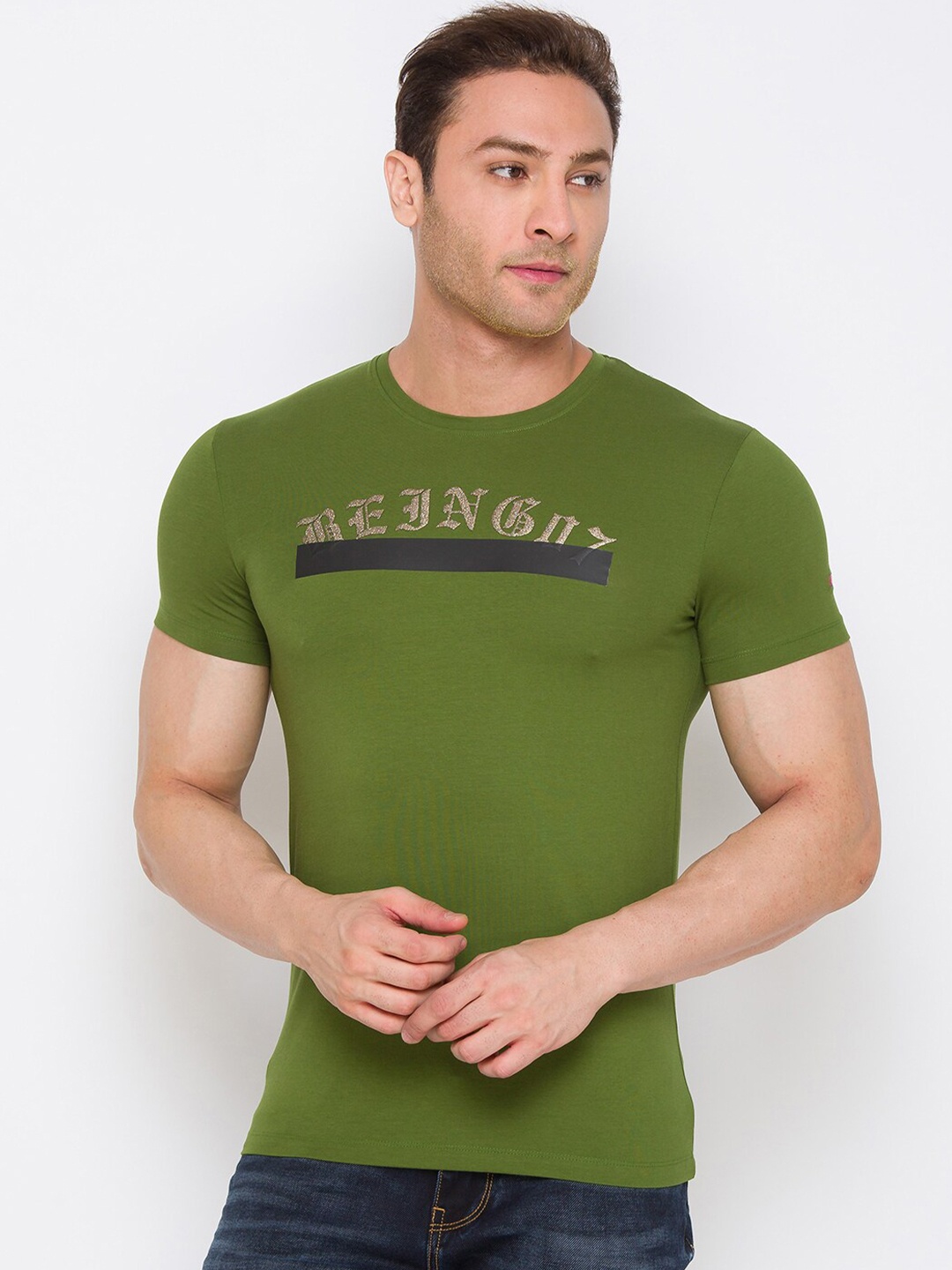 

Being Human Men Green & Gold-Toned Typography T-shirt