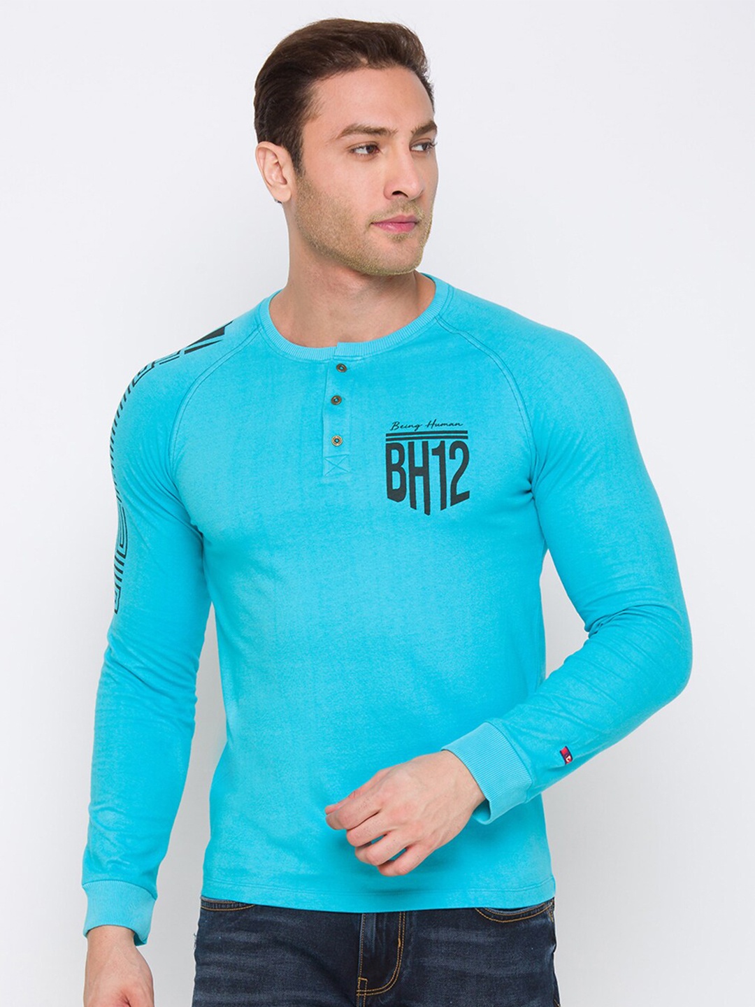 Being Human Men Blue Typography Henley Neck T-shirt