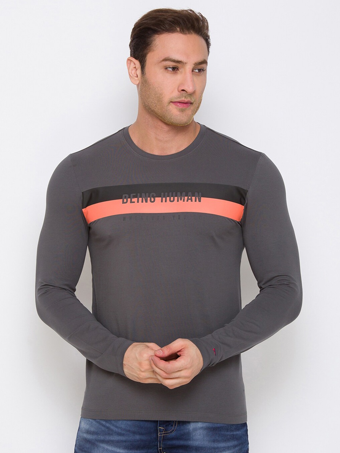 

Being Human Men Grey & Orange Colourblocked T-shirt