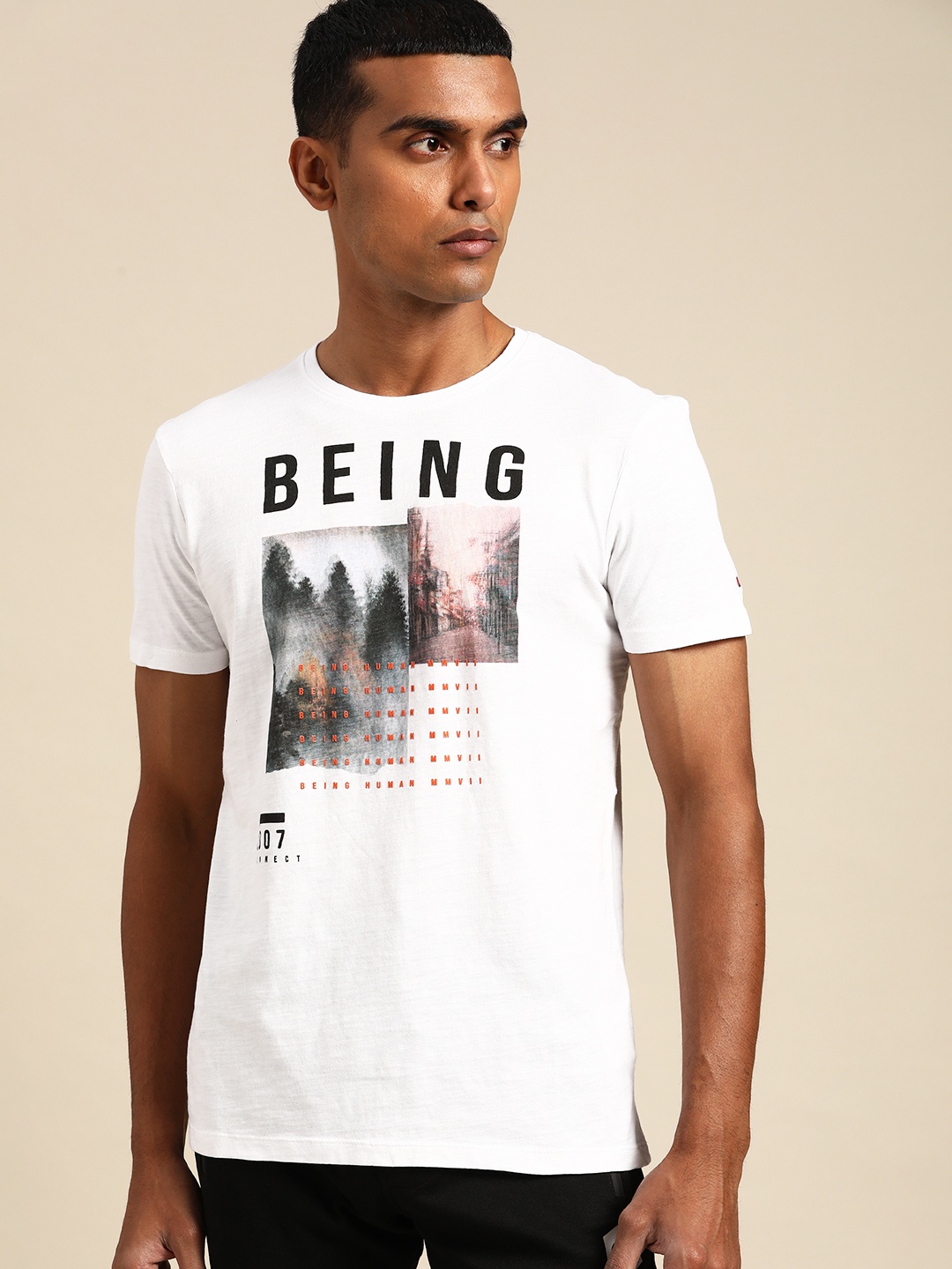 

Being Human Men White Brand Logo Printed Pure Cotton T-shirt