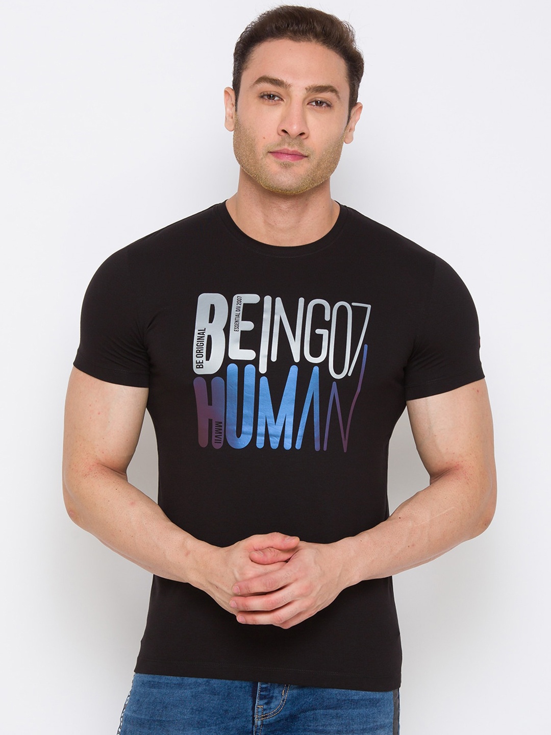

Being Human Men Black Typography Printed Applique T-shirt
