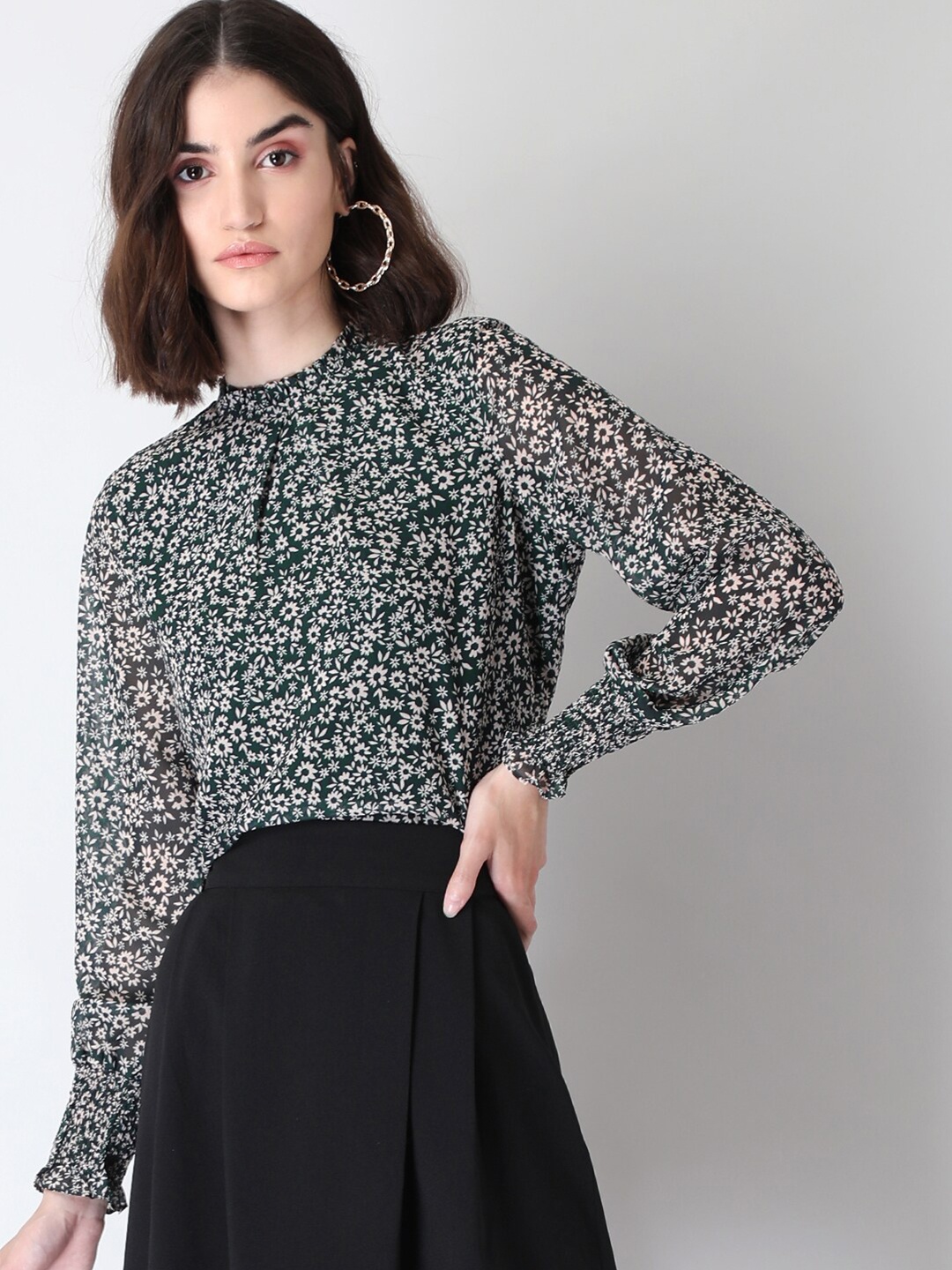 

FabAlley Green Floral Ruffles Georgette Regular Top