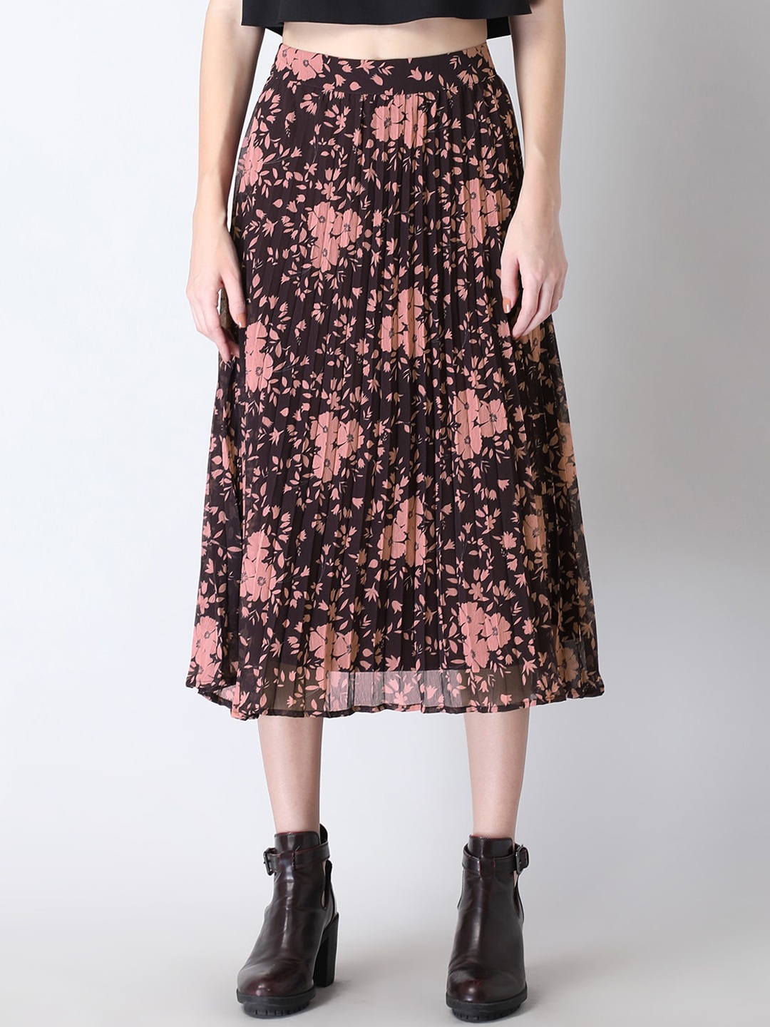

FabAlley Women Maroon & Peach Floral Printed Accordion Pleated Midi Skirt