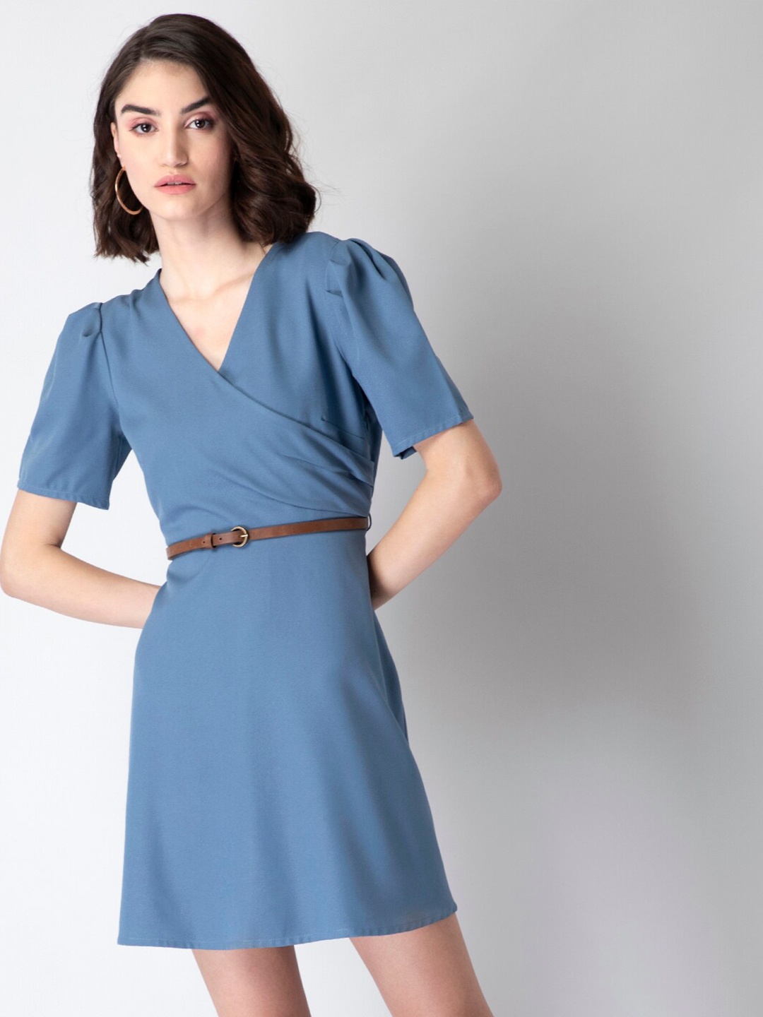 

FabAlley Blue Puff Sleeve Wrap Dress
