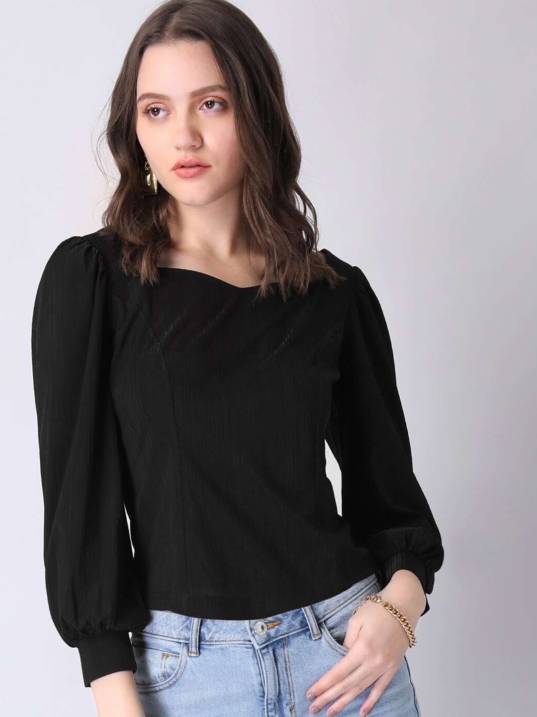 

FabAlley Black Sweetheart Neck Regular Top