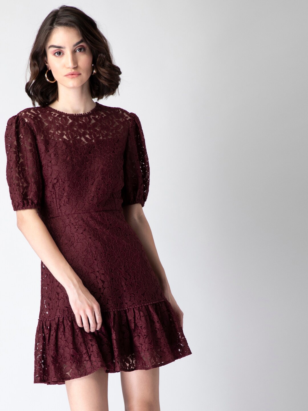 

FabAlley Maroon Lace A-Line Dress