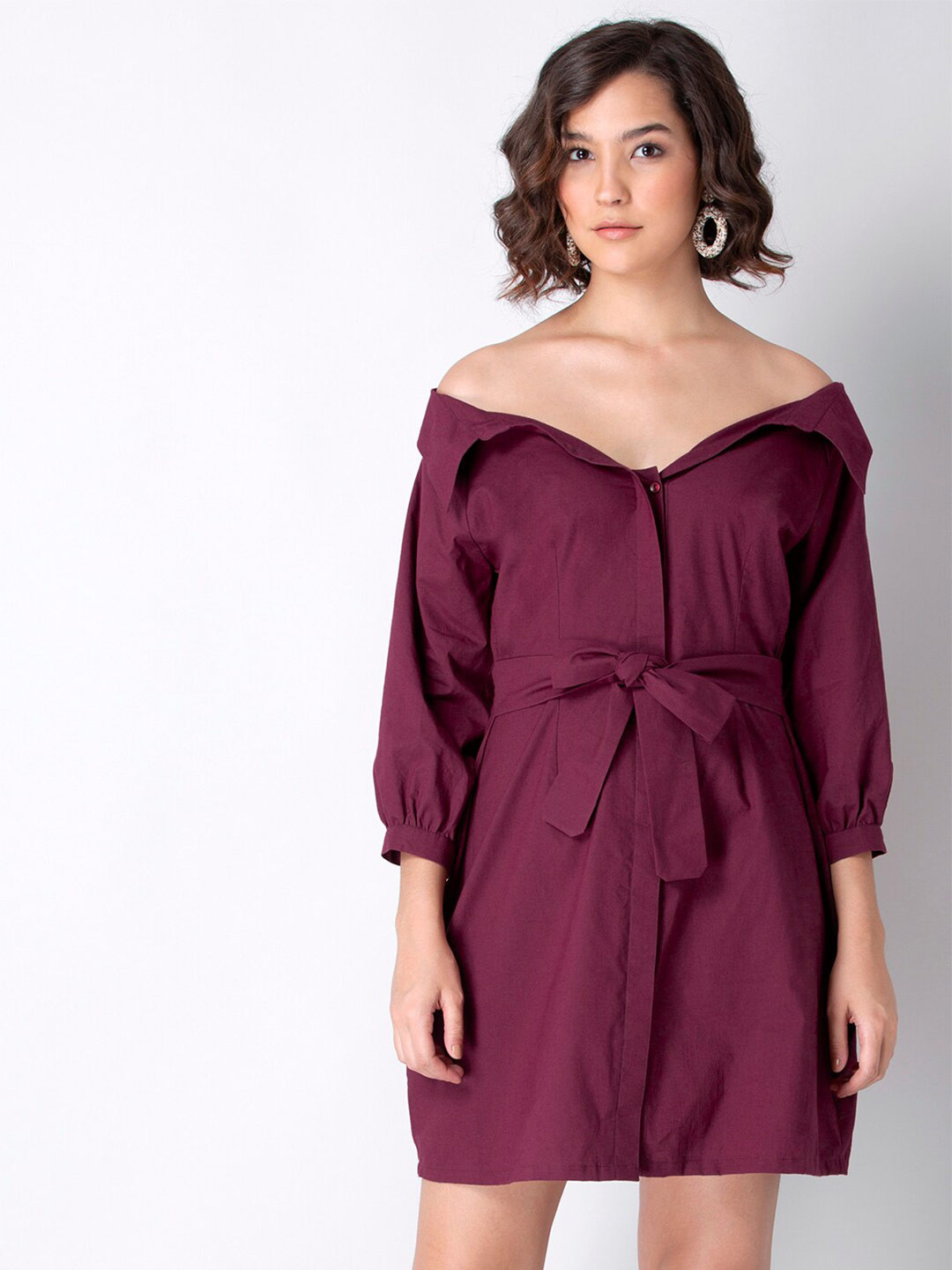 

FabAlley Maroon Off-Shoulder Pure Cotton Shirt Midi Dress
