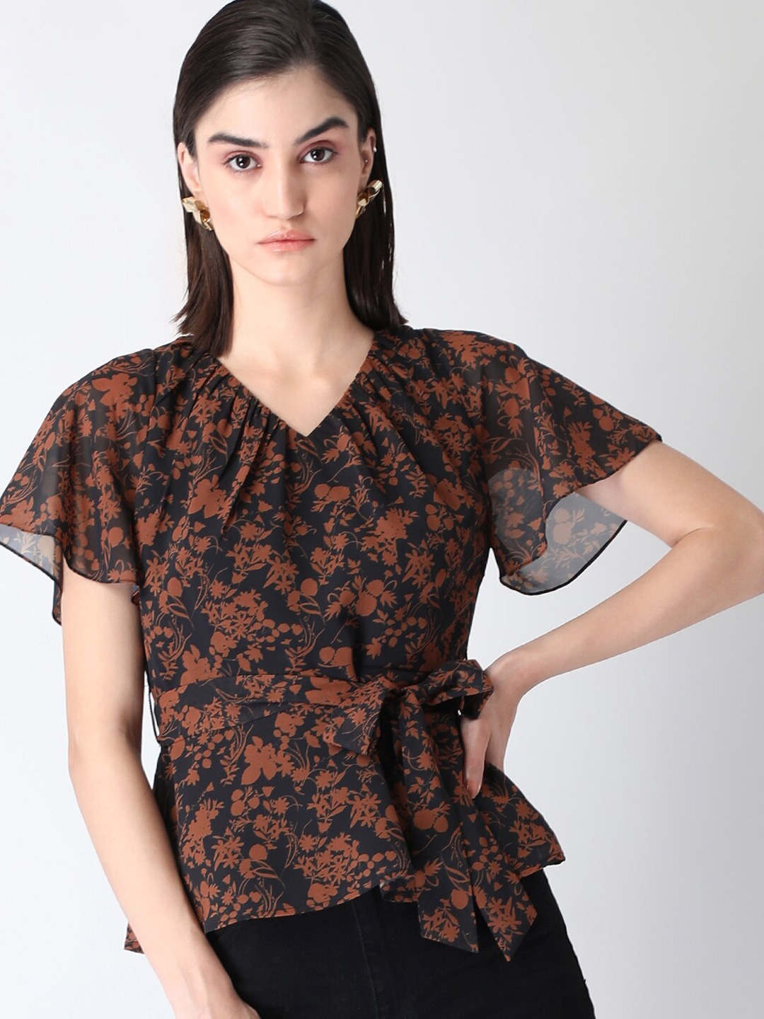 

FabAlley Black & Brown Floral Belted Georgette A-Line Top