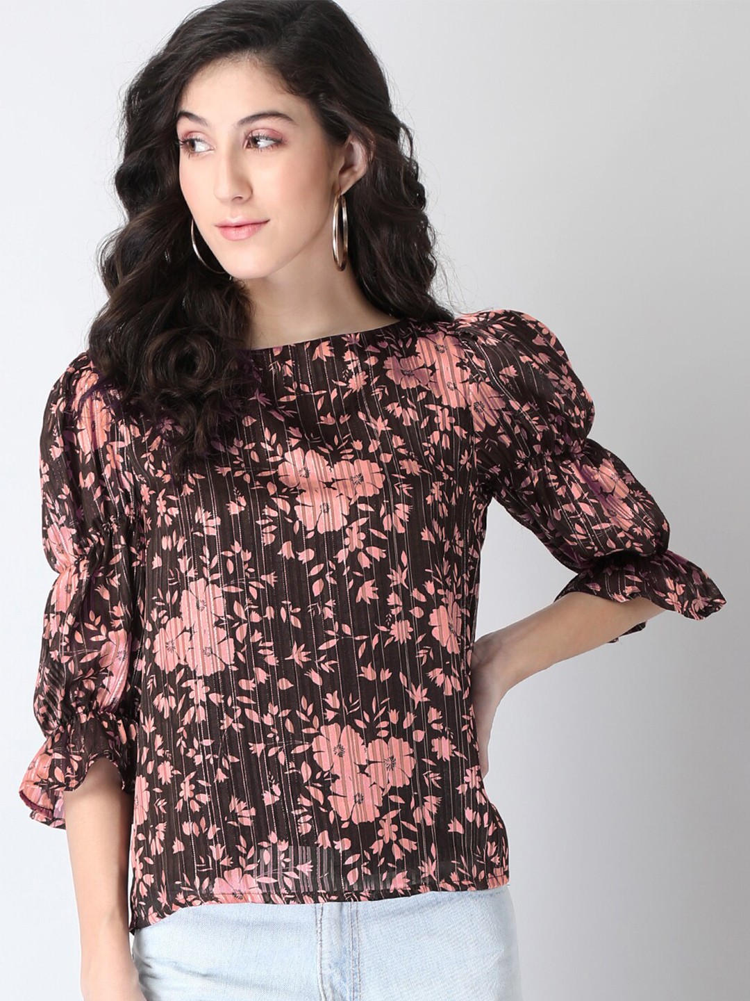 

FabAlley Brown Floral Georgette Regular Top