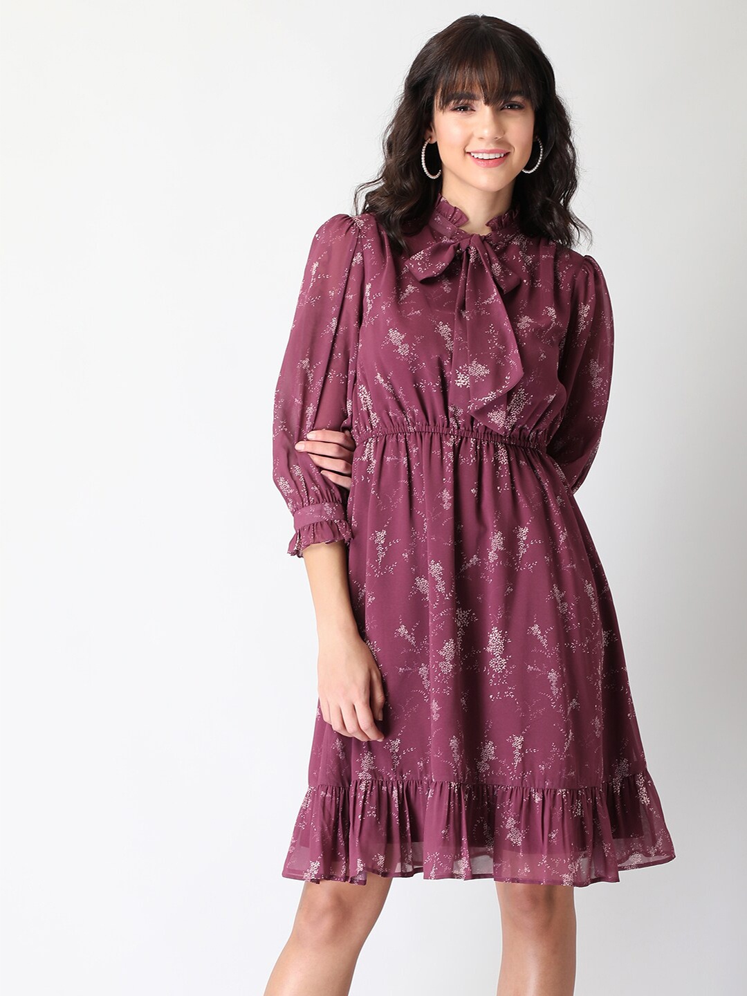 

FabAlley Maroon Floral Tie-Up Neck Dress