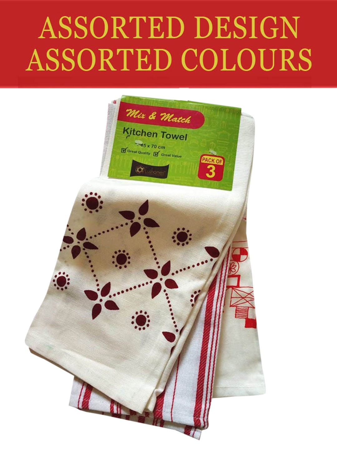 

Lushomes Pack of 3 Assorted Pure Cotton Kitchen Towels