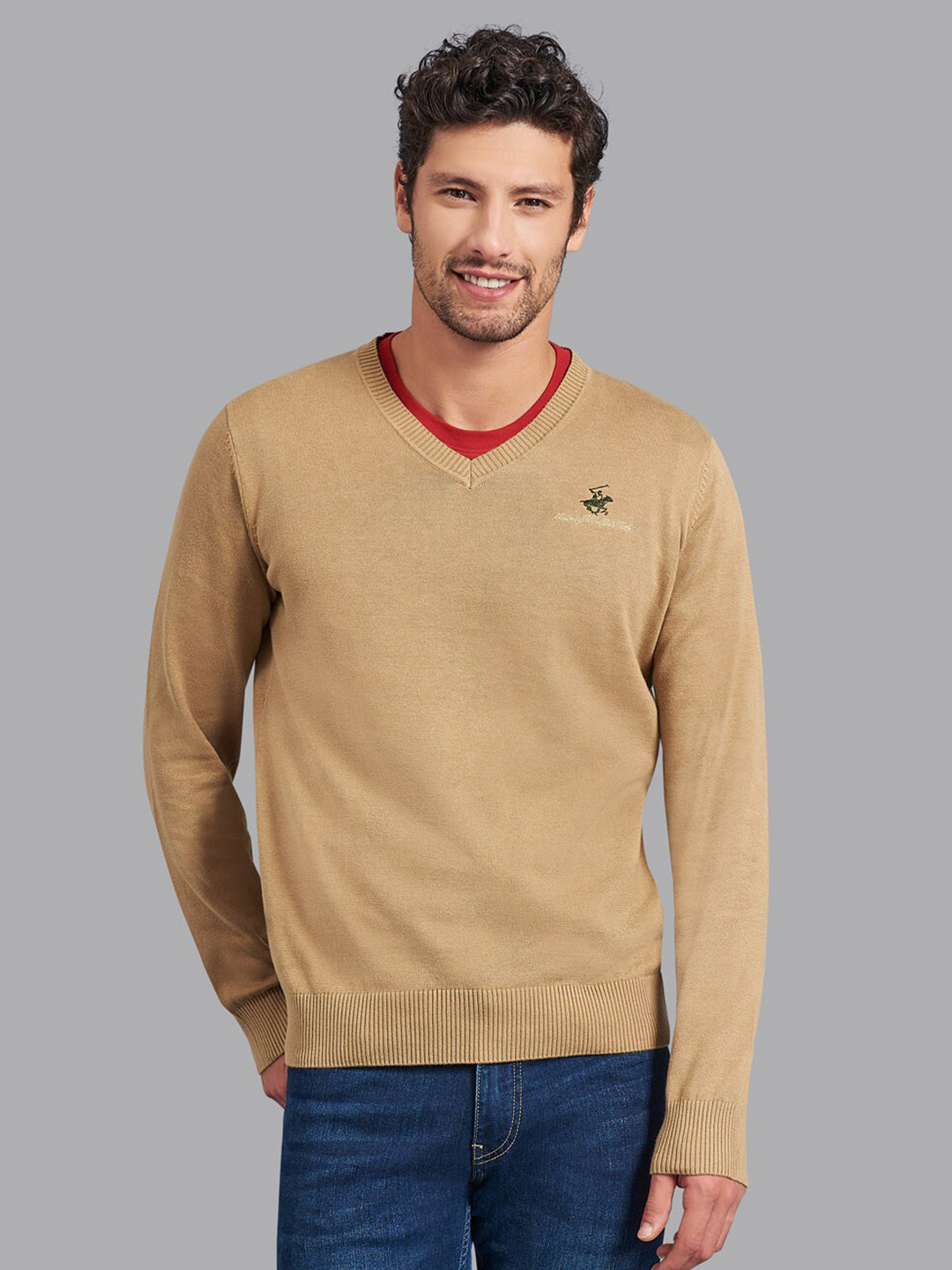 

Beverly Hills Polo Club V-Neck Cotton Pullover Sweater, Camel brown