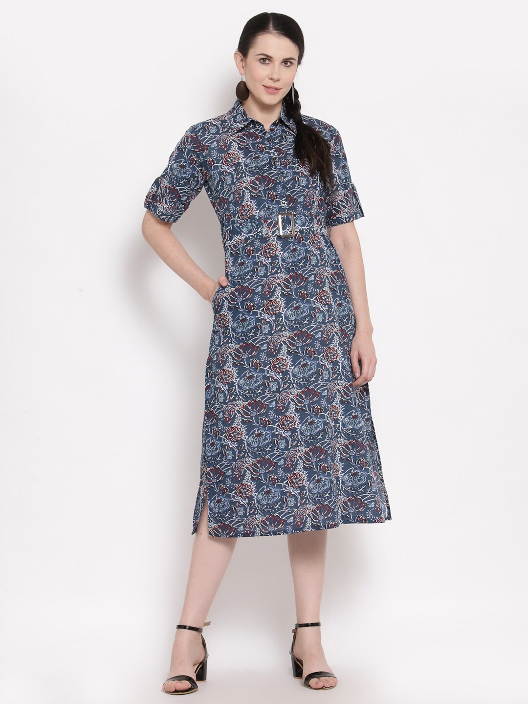 

Indibelle Blue Ethnic Motifs Shirt Midi Dress