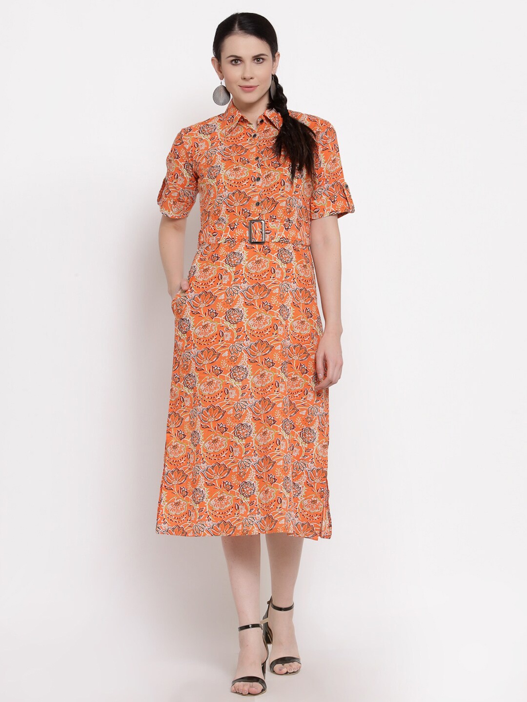 

Indibelle Orange & Off White Ethnic Motifs Printed Belted Cotton Shirt Midi Dress