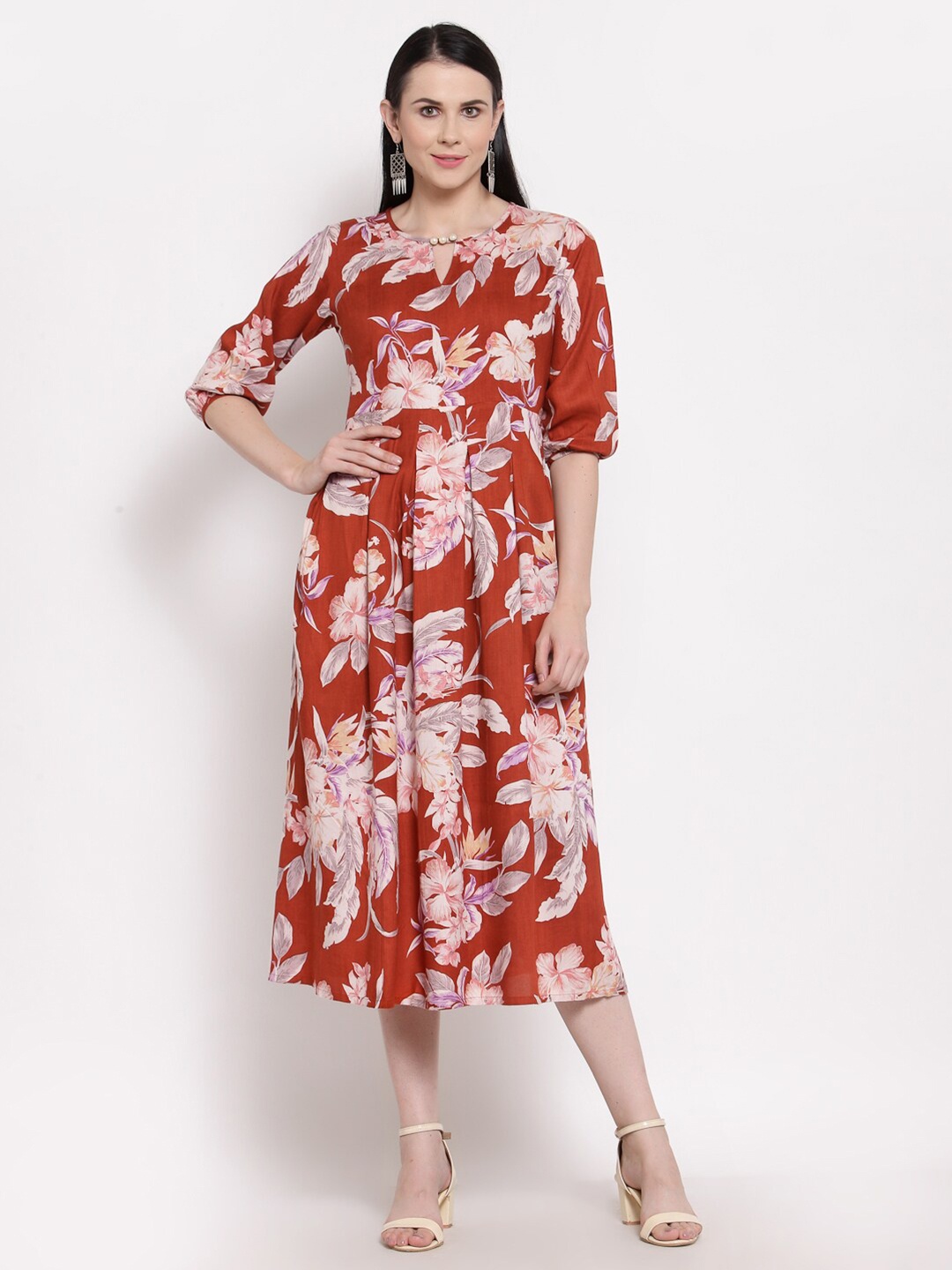 

Indibelle Rust Brown Floral Keyhole Neck Midi Dress