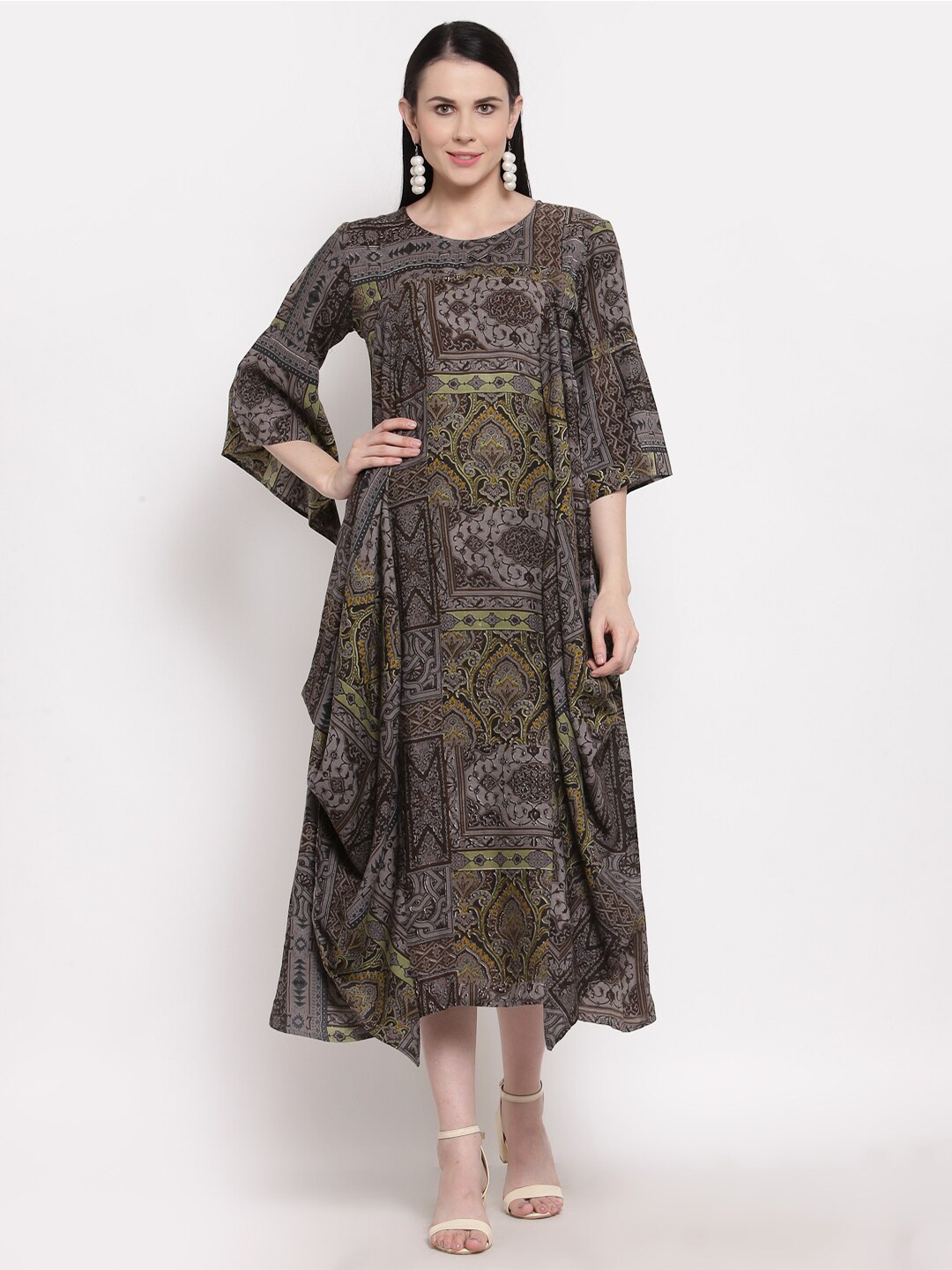 

Indibelle Black Ethnic Motifs A-Line Midi Dress