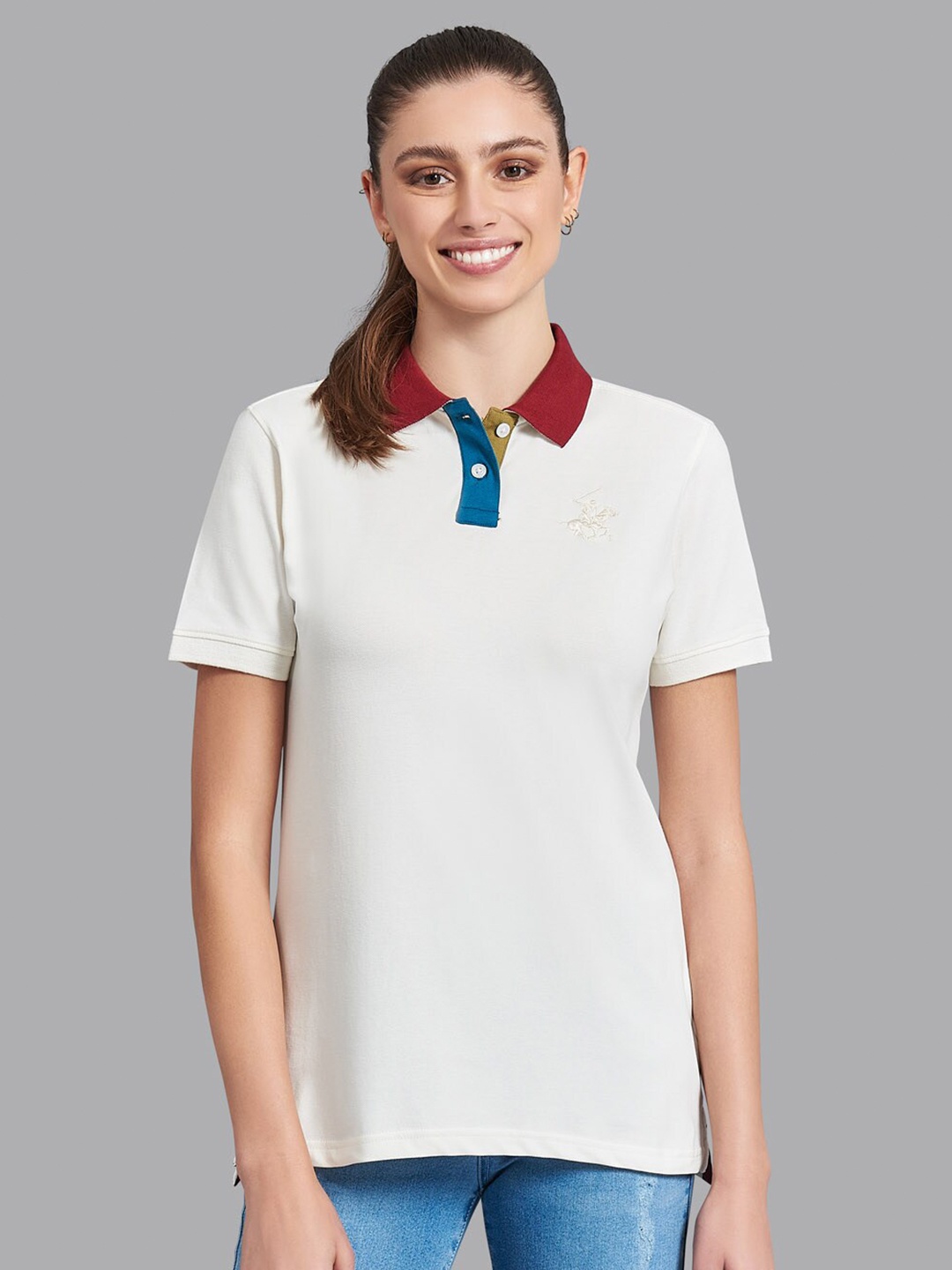 

Beverly Hills Polo Club Women White Polo Collar T-shirt