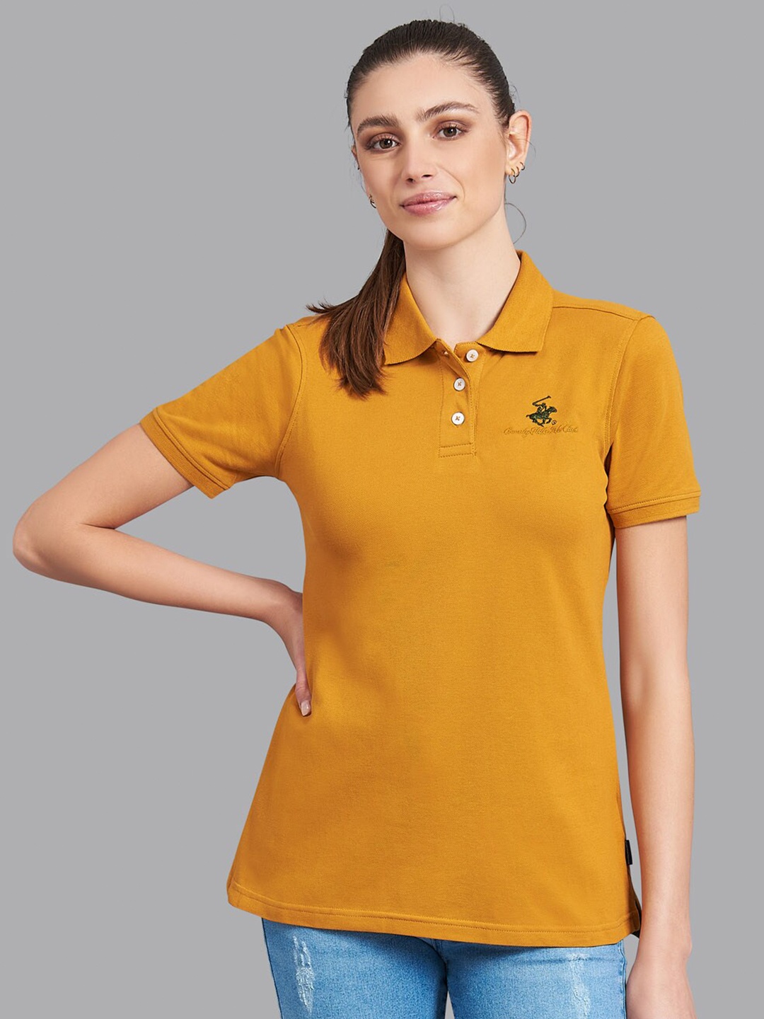 

Beverly Hills Polo Club Women Mustard Yellow Polo Collar T-shirt