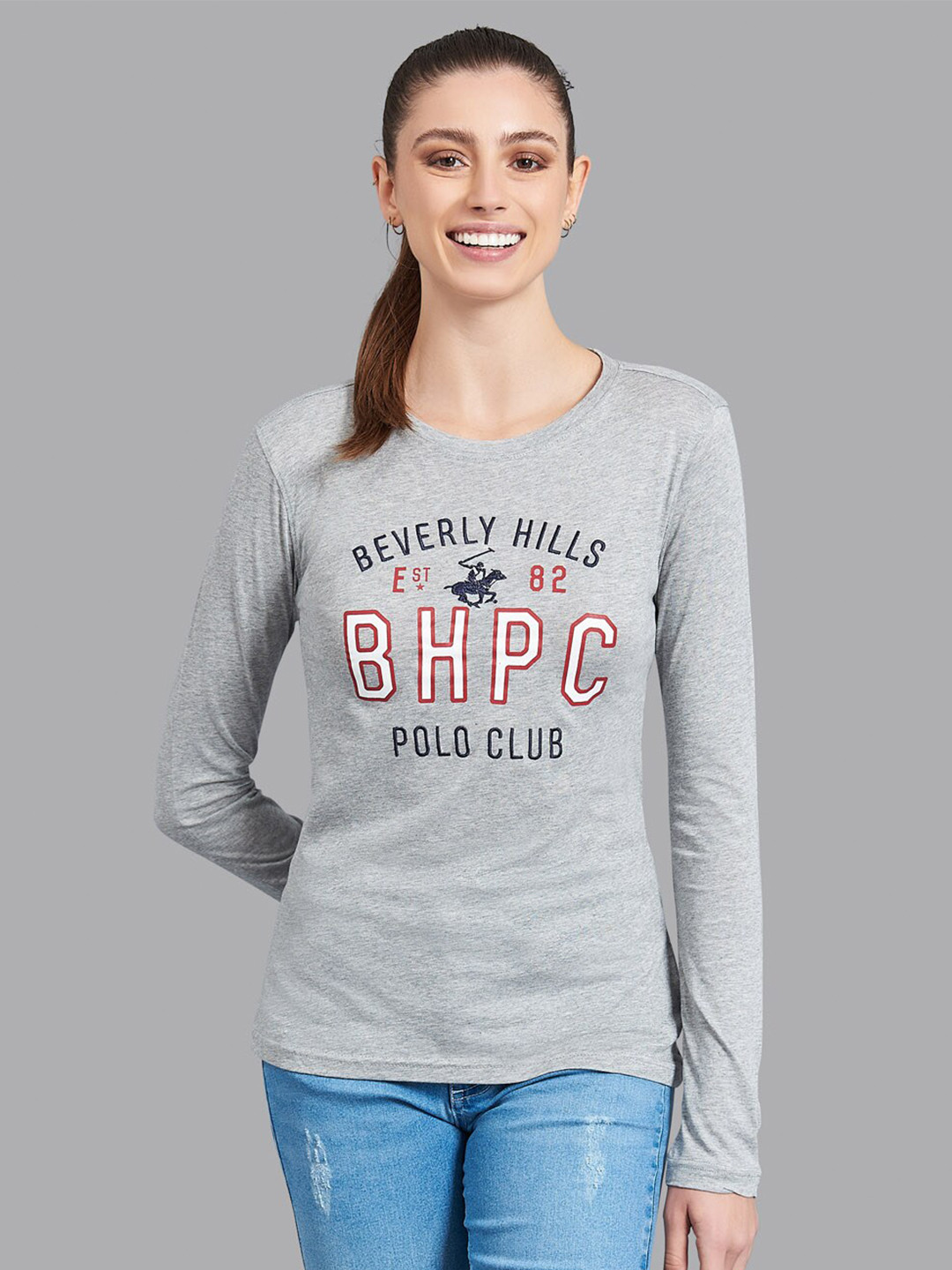 

Beverly Hills Polo Club Women Grey Varsity Extended Sleeves T-shirt